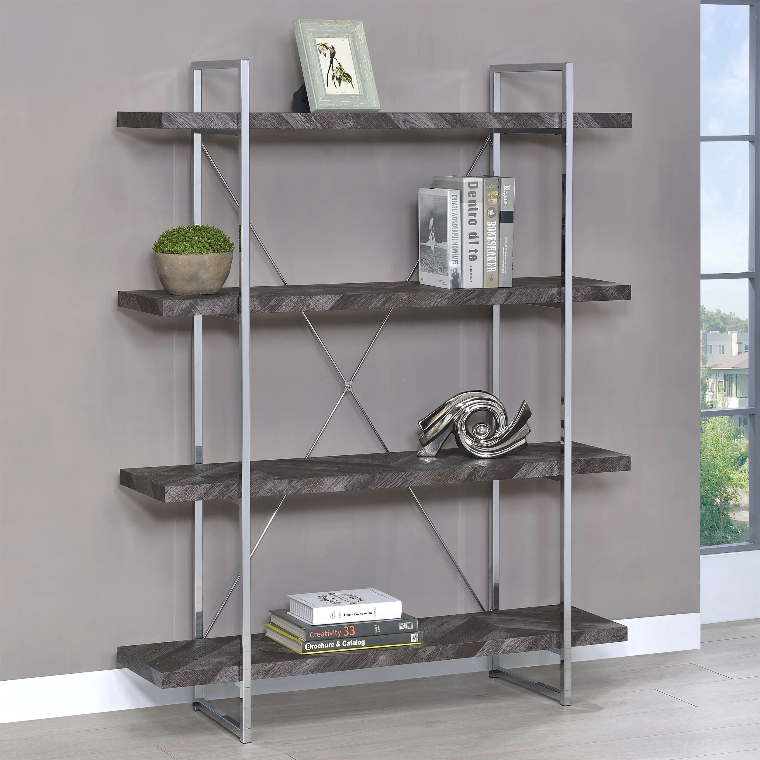 Grimma 63-inch 4-shelf Bookshelf Rustic Grey and Chrome - Image 3