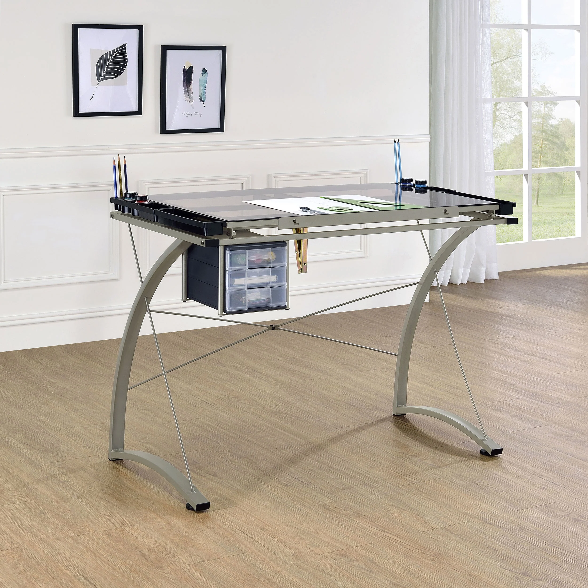 Melo 41-inch Glass Top Drafting Table with Storage Silver - Image 3