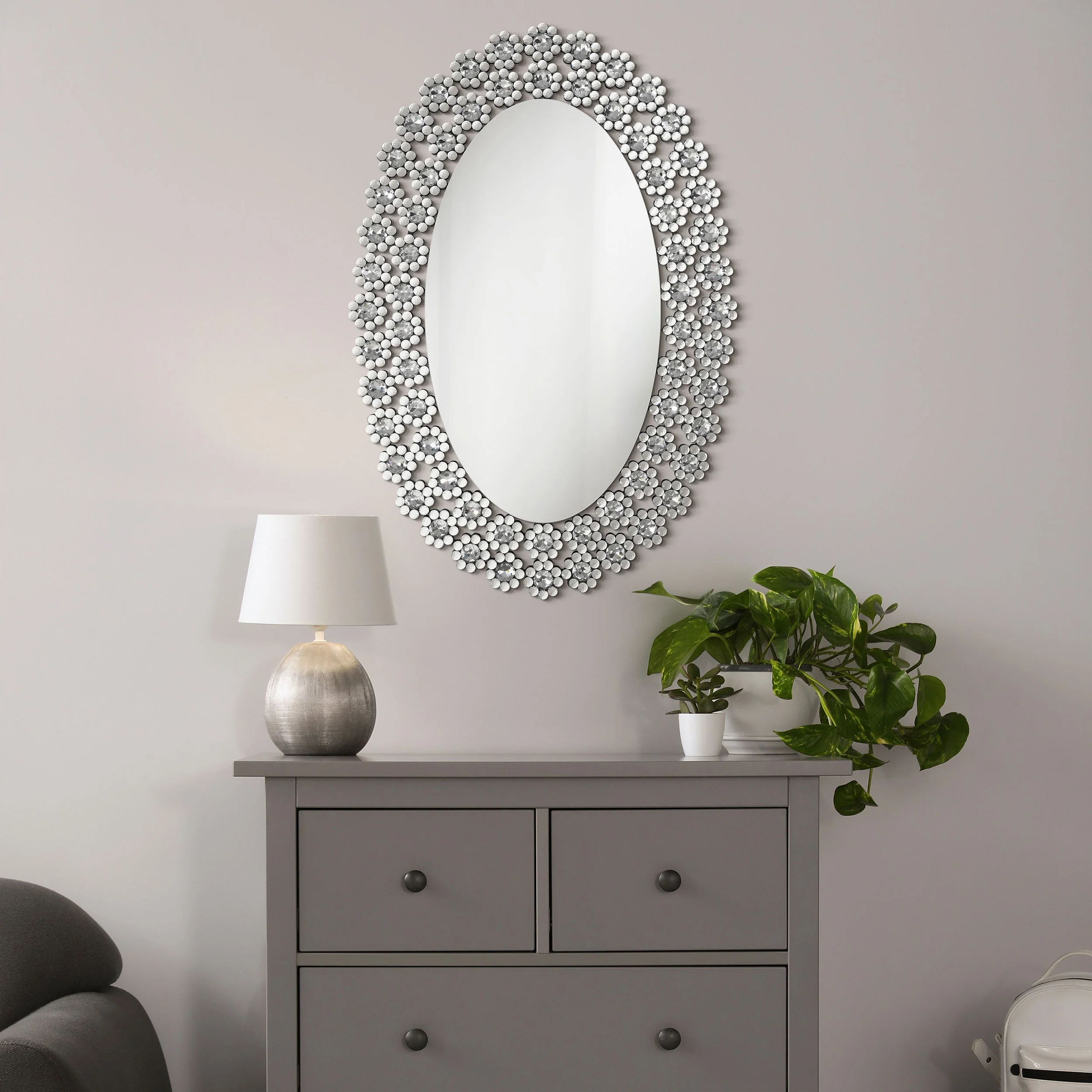 Colleen 31 x 47 Inch Oval Wall Mirror Crystal Flowers Silver - Image 3