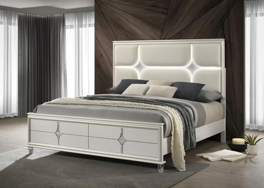 Olivia Panel Bed LED Headboard Pearl