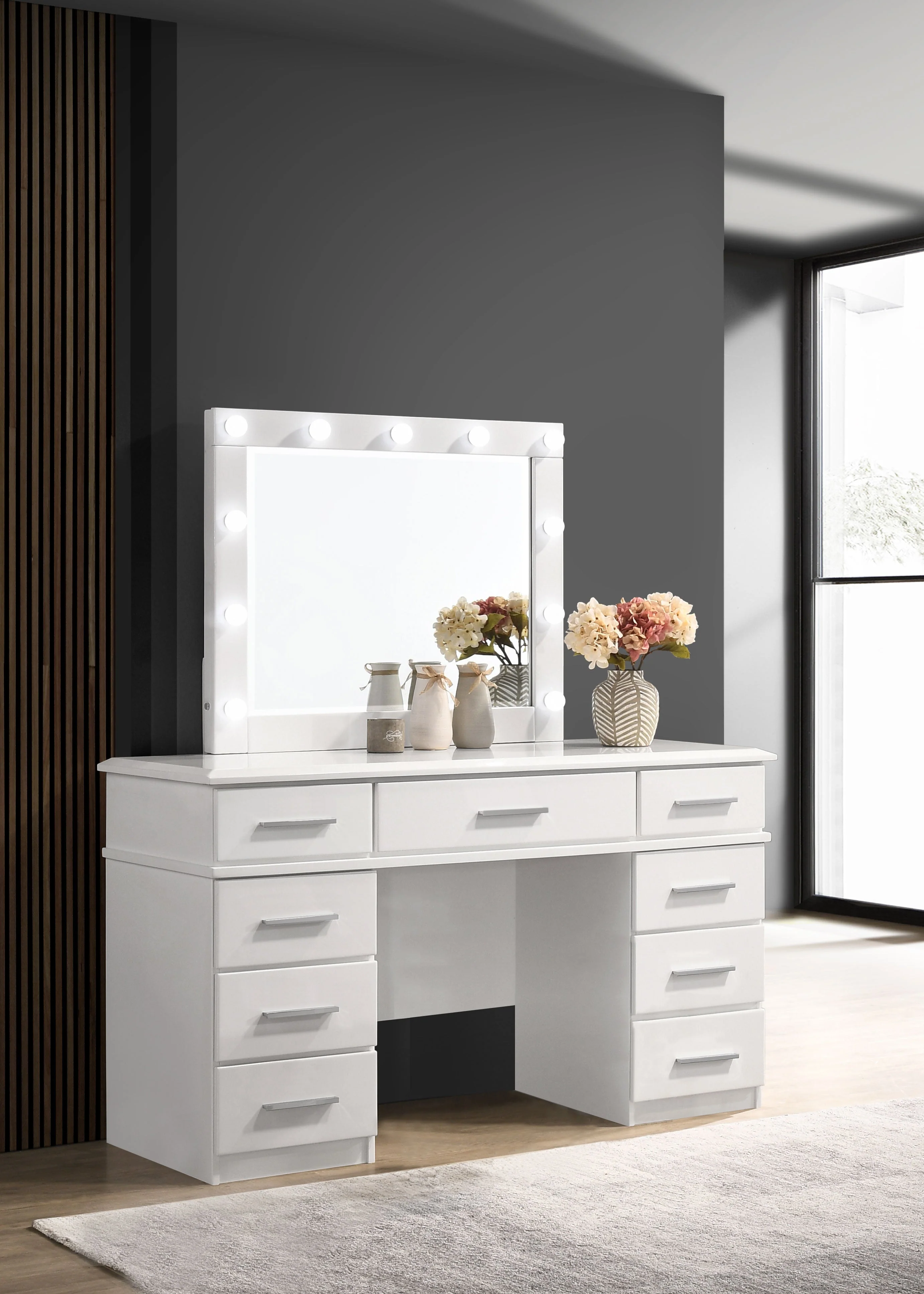 Felicity 9-drawer Vanity Table Lighted Mirror Glossy White - Image 3