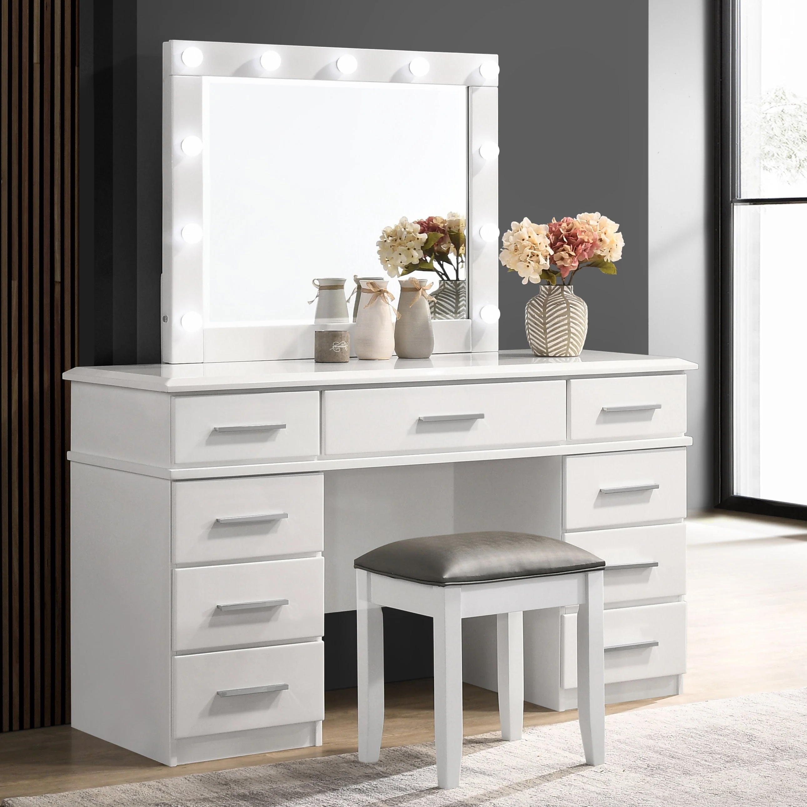 Felicity Upholstered Vanity Stool Metallic and Glossy White - Image 5