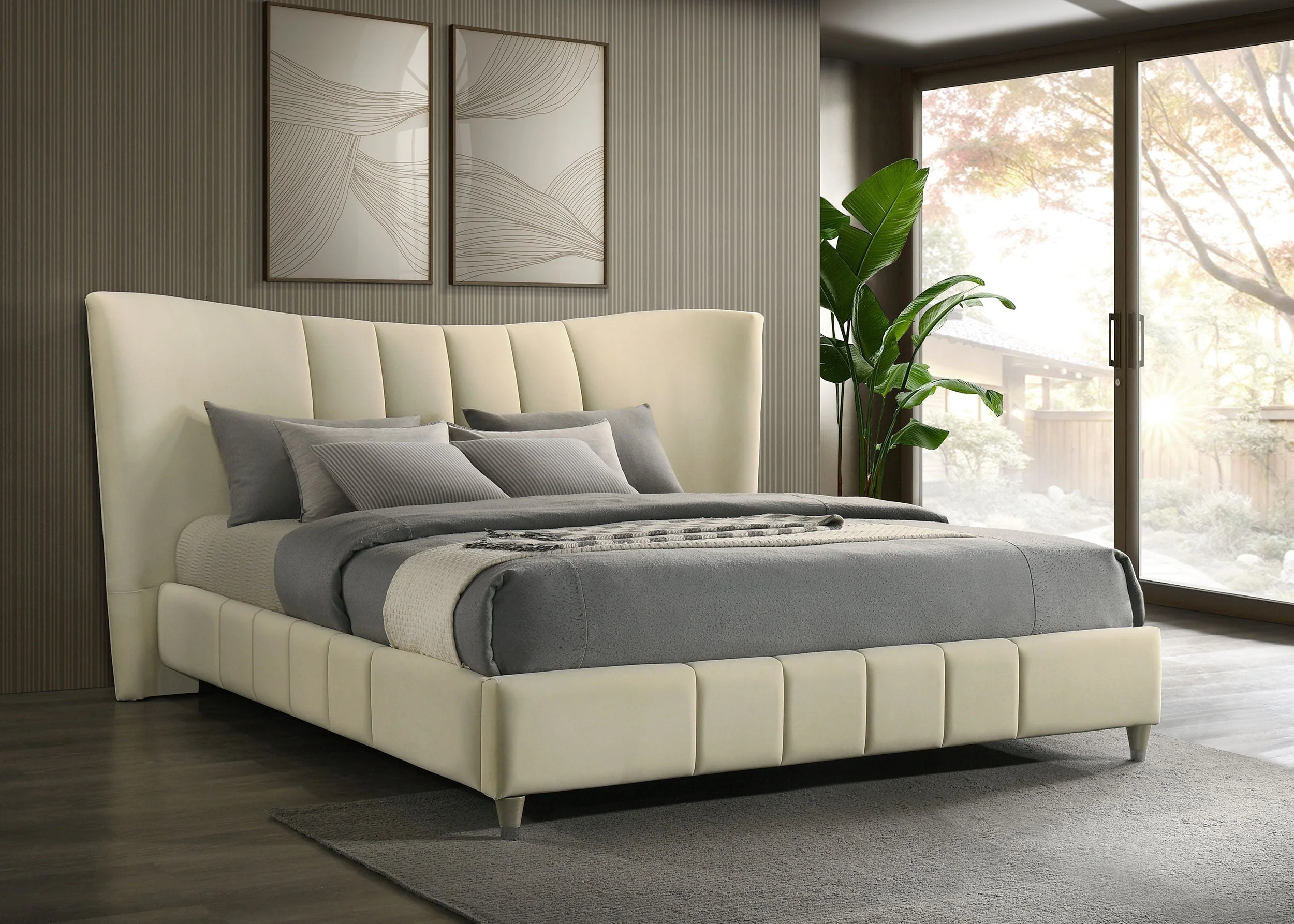 Evelyn Upholstered Panel Platform Bed Ivory - Image 6