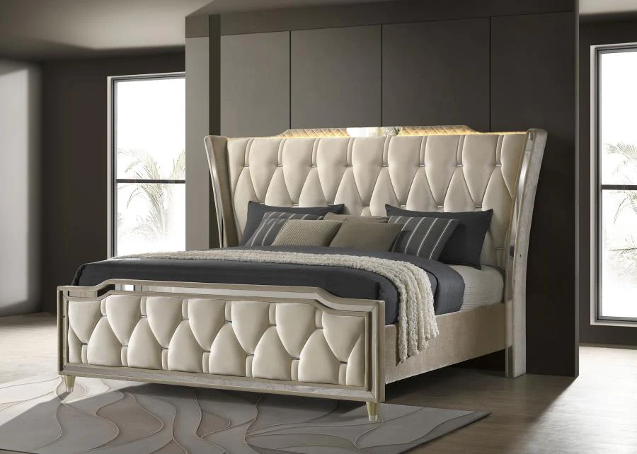 Lorient LED Upholstered Wingback Bed Ivory and Camel - Image 2