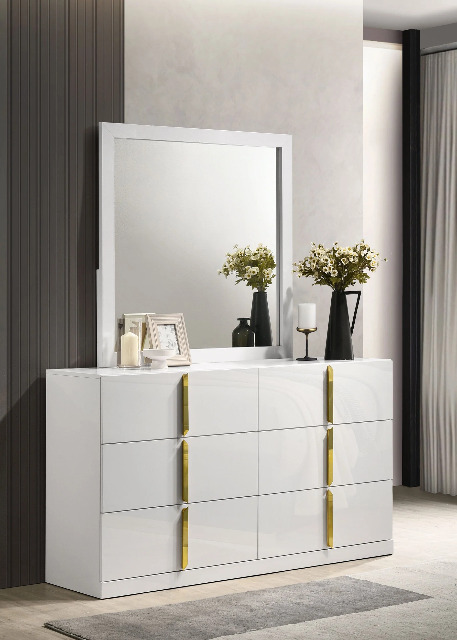 Ines 6-drawer Bedroom Dresser with Mirror White High Gloss - Image 3