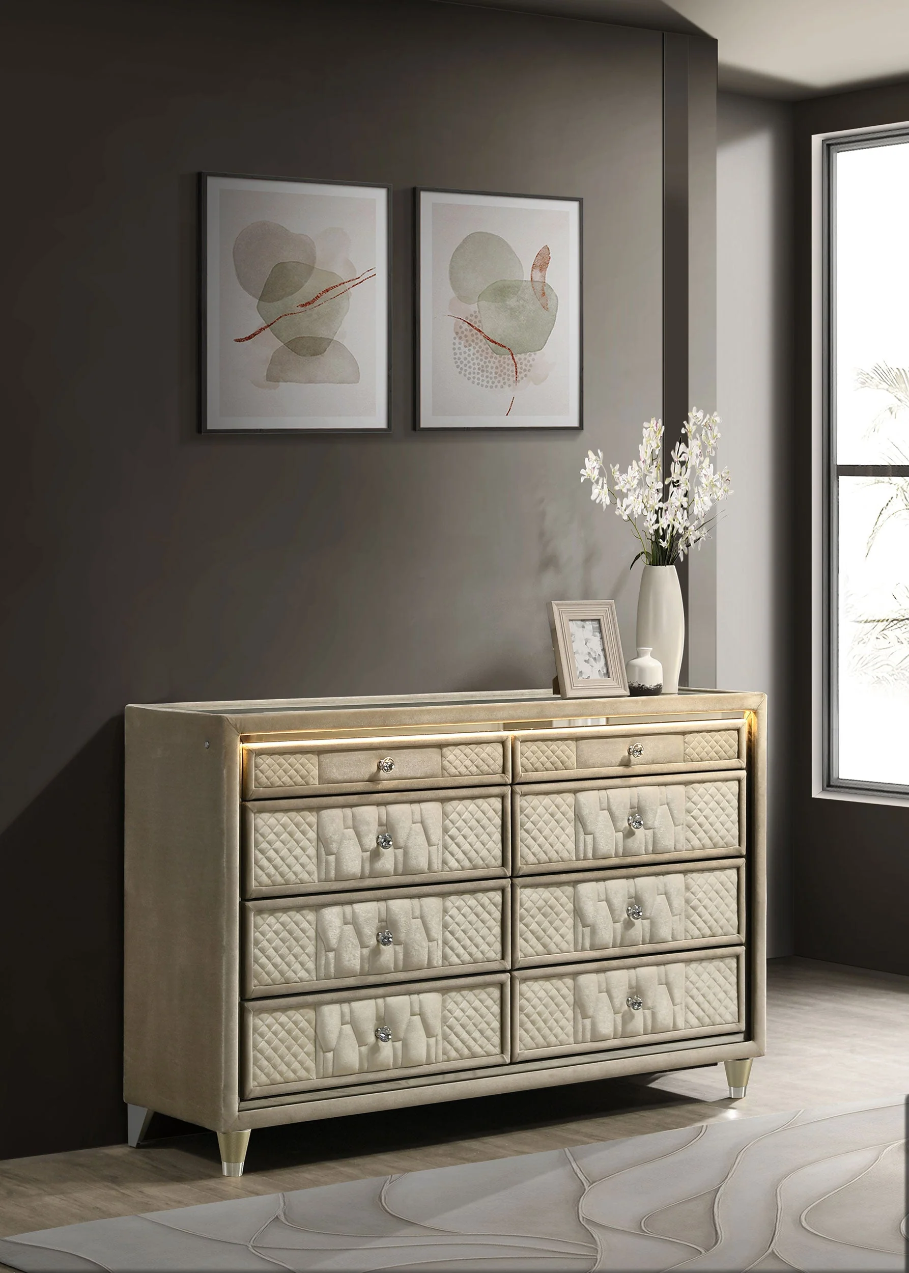 Lorient 8-drawer LED Bedroom Dresser Cabinet Ivory and Camel - Image 3