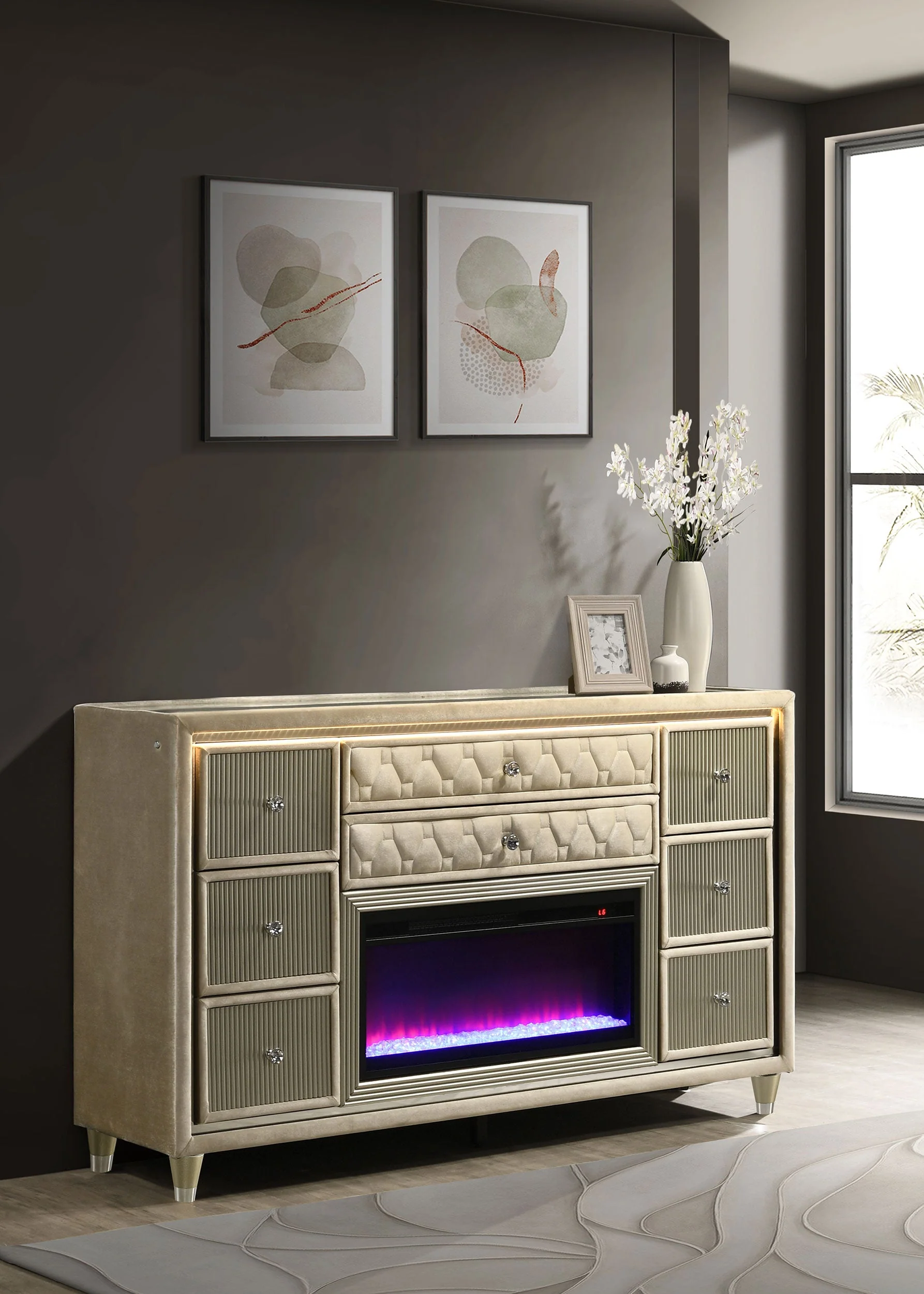 Lorient 8-drawer LED Bedroom Flame Box Dresser Ivory Camel - Image 3