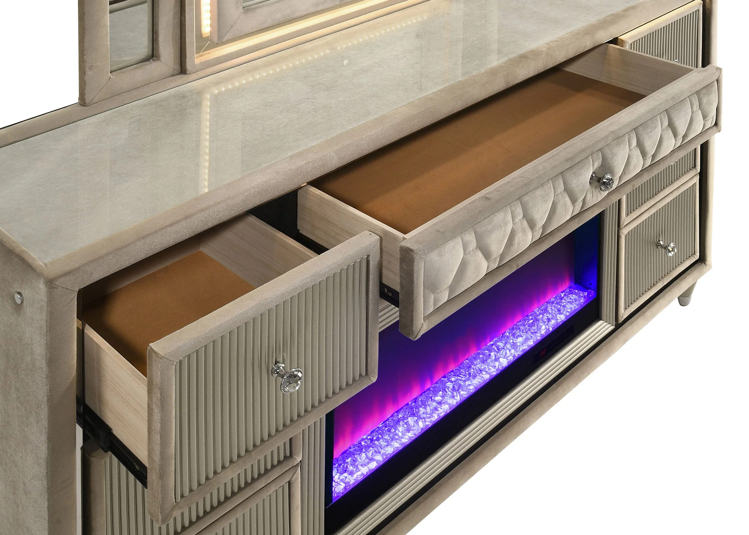 Lorient 8-drawer LED Flame Box Dresser and Mirror Ivory Camel - Image 12