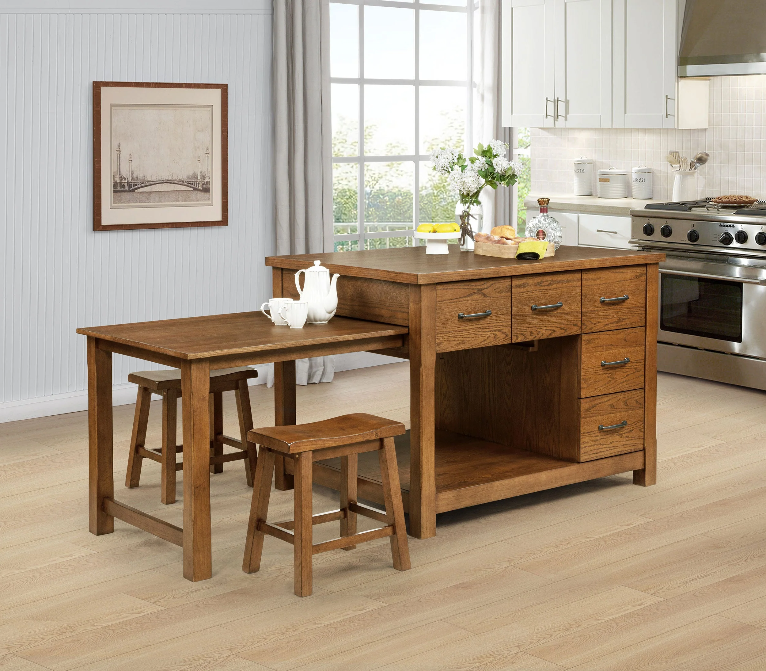 Mayfair 3-piece Kitchen Island with Extension Table Dark Oak - Image 3