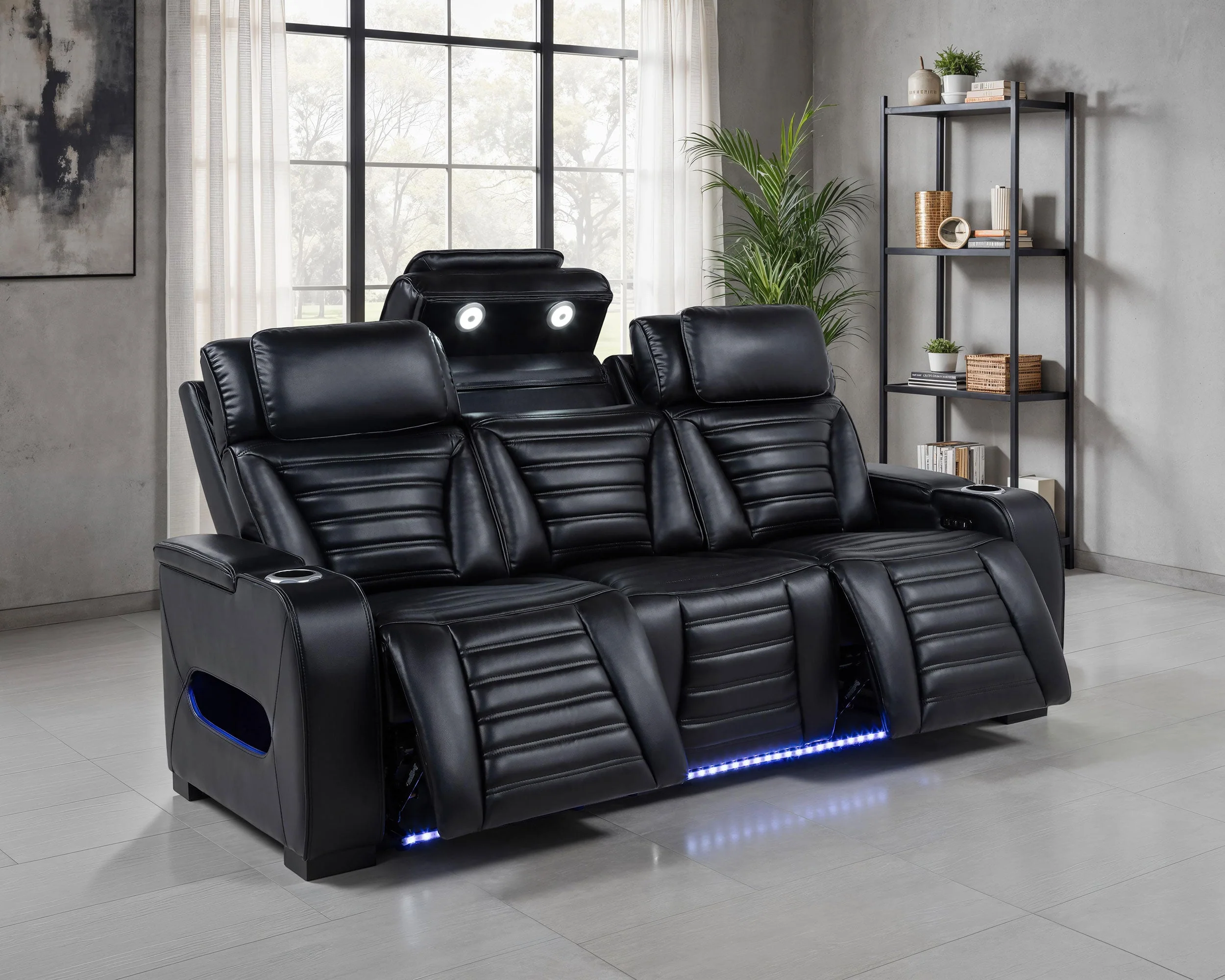 Zuma Faux Leather Dual Power Reclining LED Sofa Black - Image 4