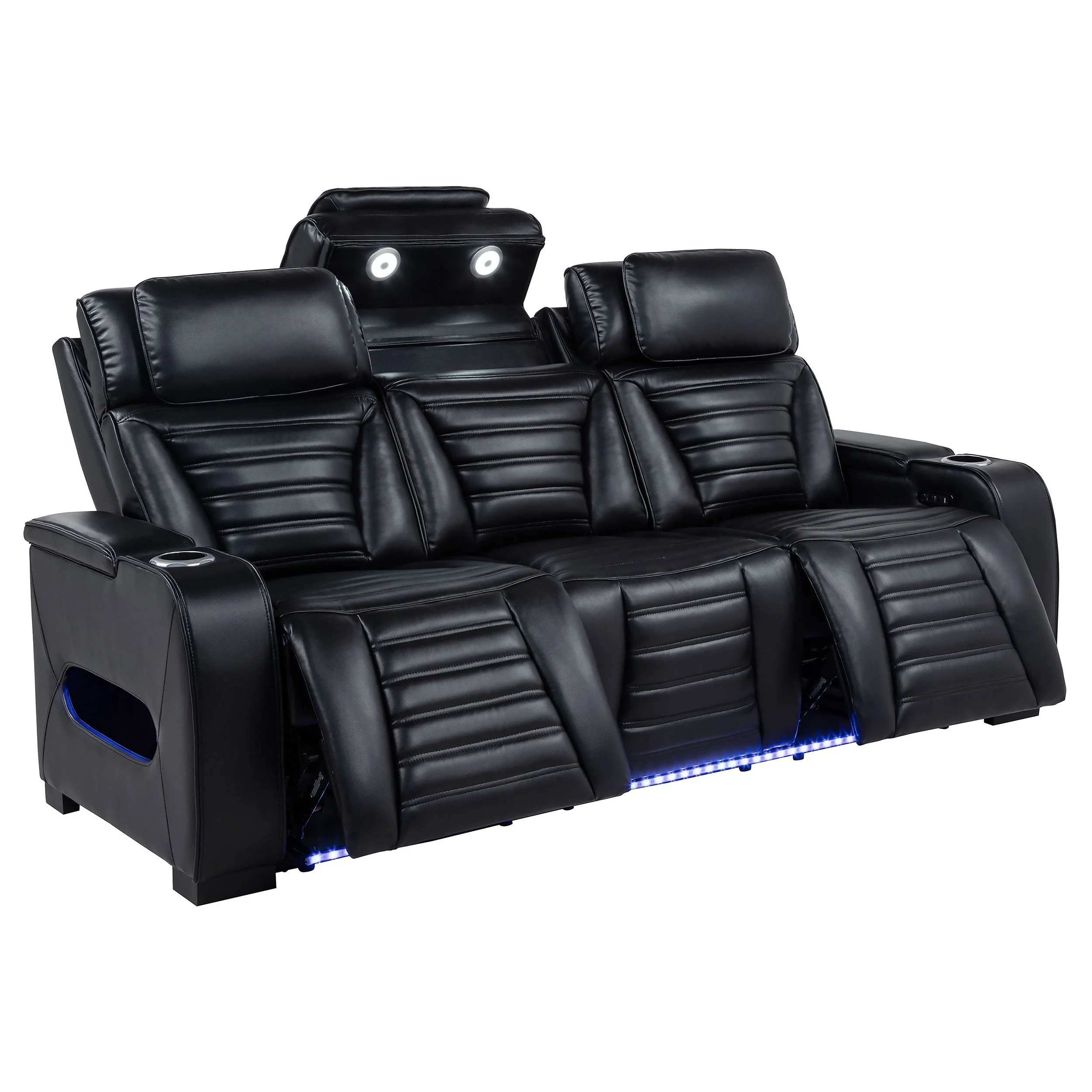 Zuma Faux Leather Dual Power Reclining LED Sofa Black - Image 5