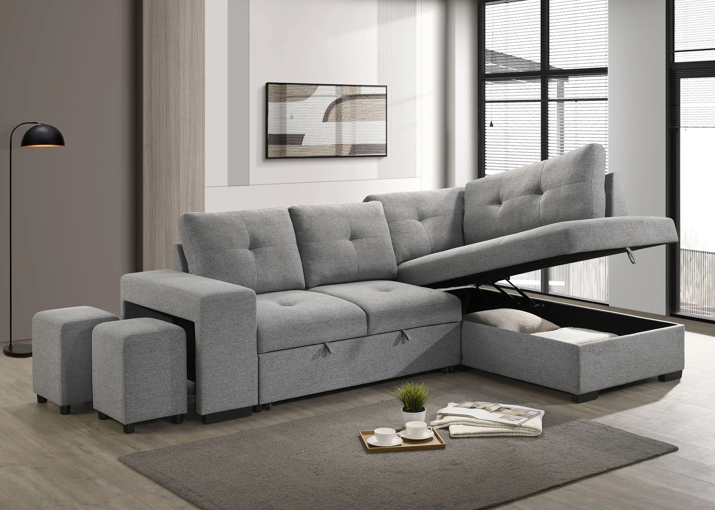 Roanne Fabric Upholstered Sleeper Sectional Sofa Grey - Image 4