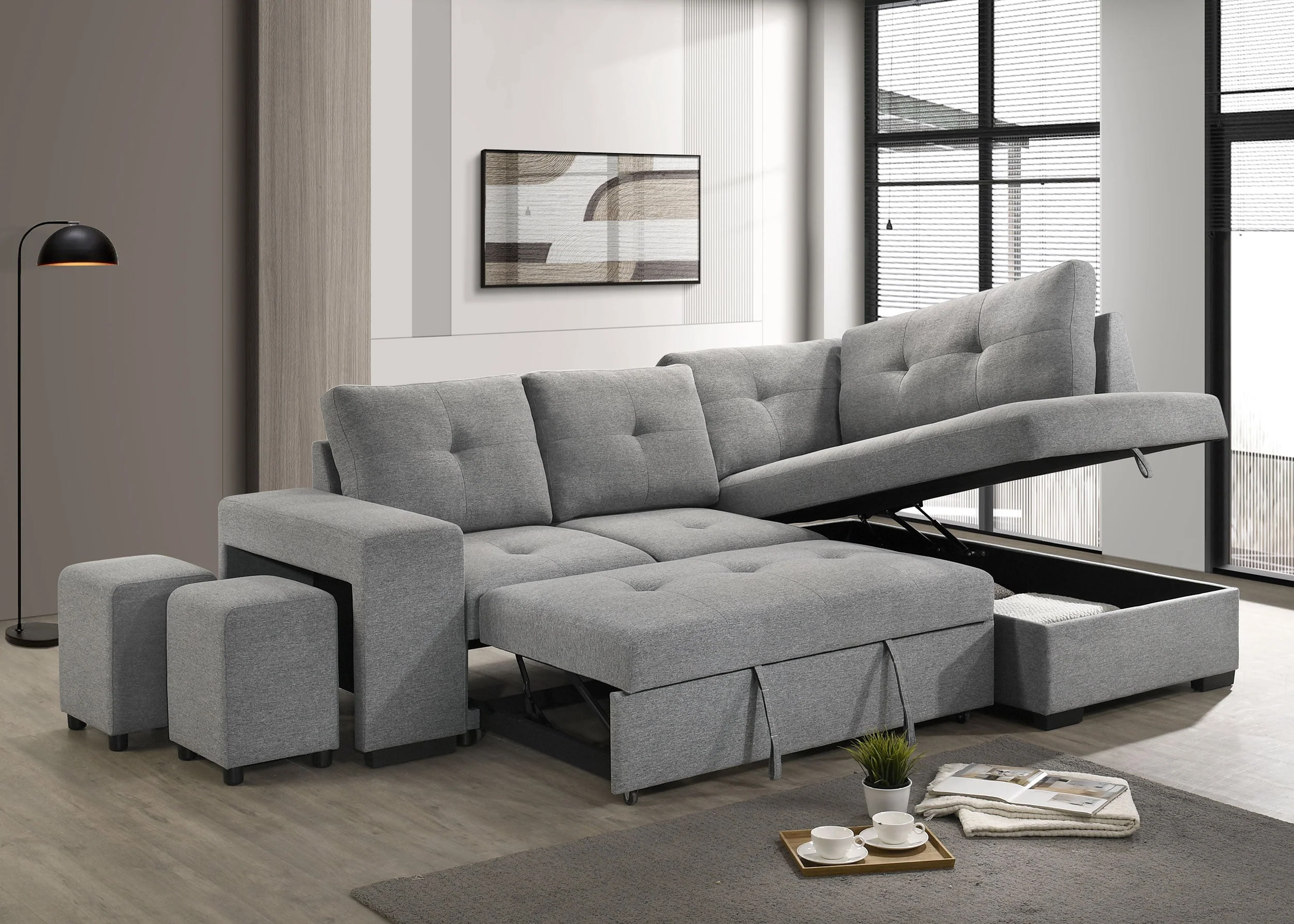 Roanne Fabric Upholstered Sleeper Sectional Sofa Grey - Image 6