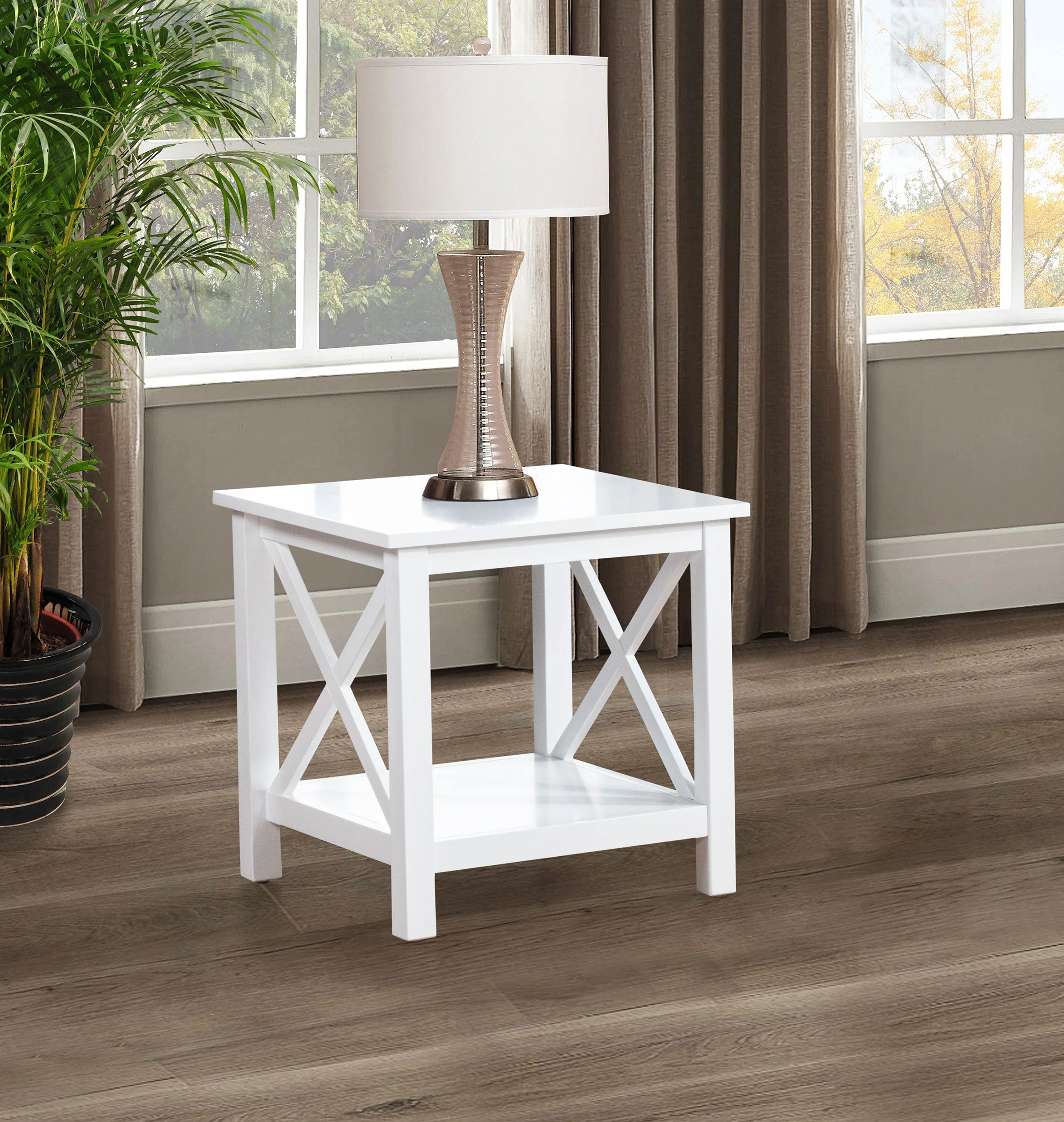Skyview Square Pine Wood Side End Table with Shelf White - Image 3
