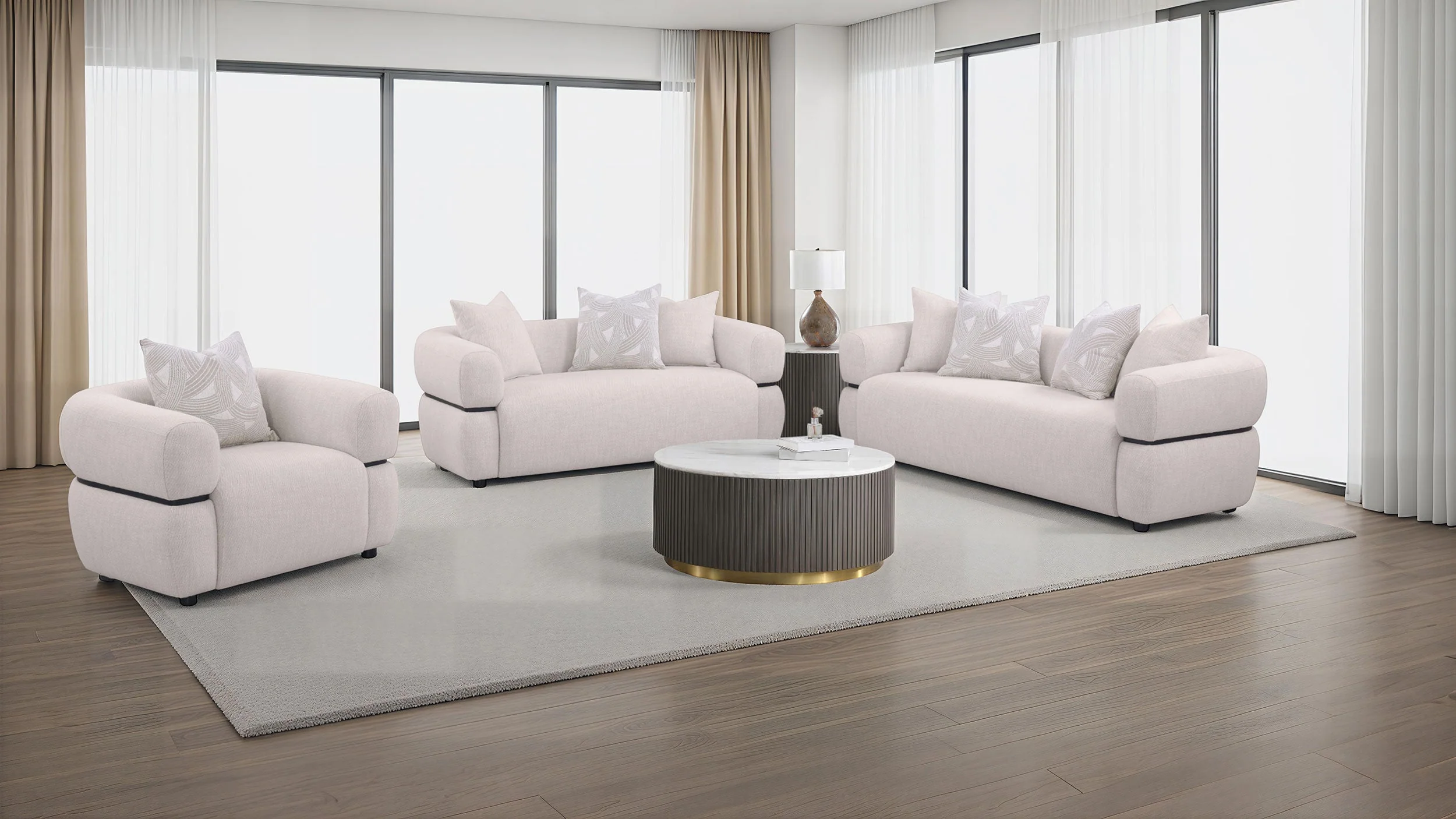 Jeanette Fabric Upholstered Round Arm Sofa Set Beige - Image 6