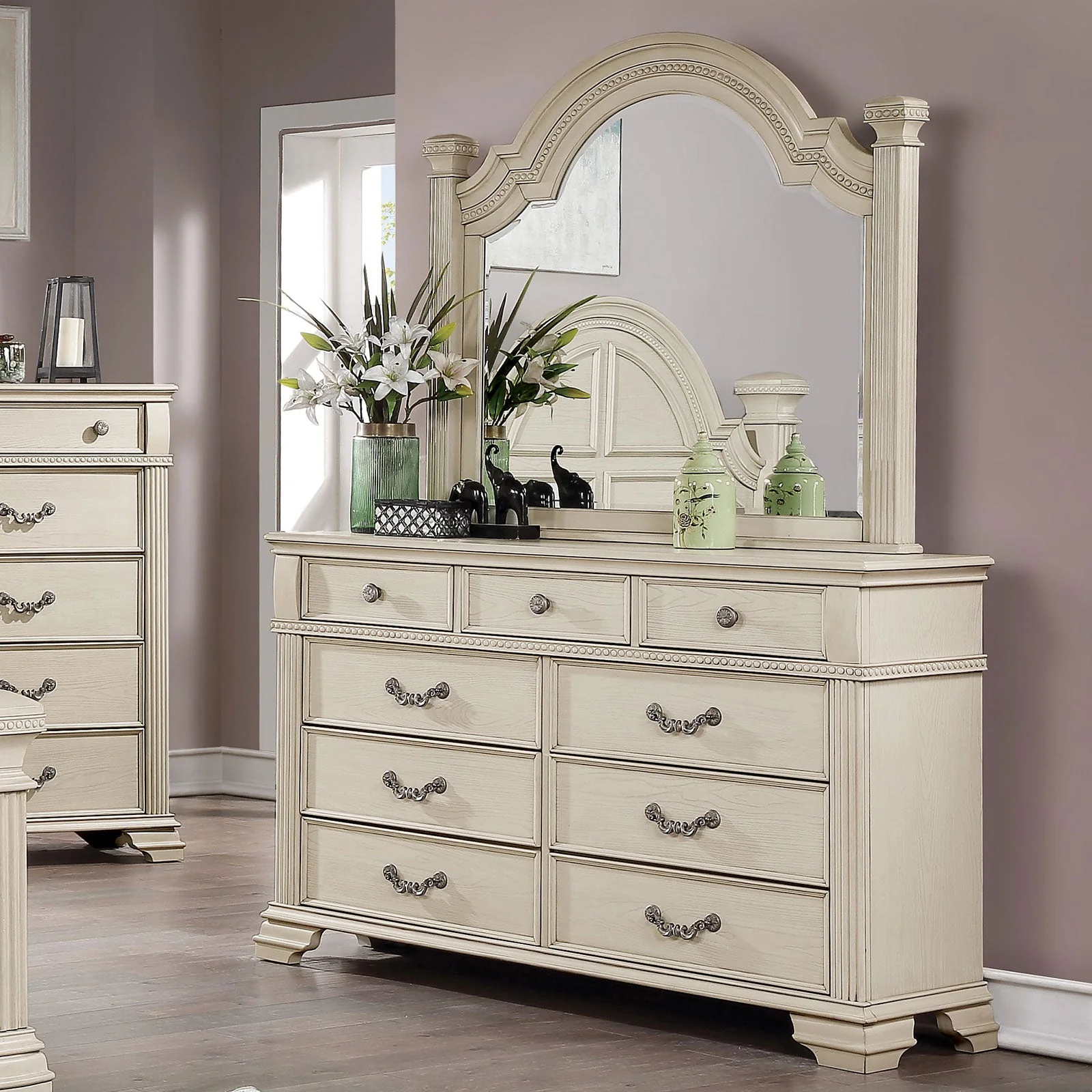Pamphilos Antique White Queen Bed & 2 Nightstand & Dresser & Mirror - Image 2
