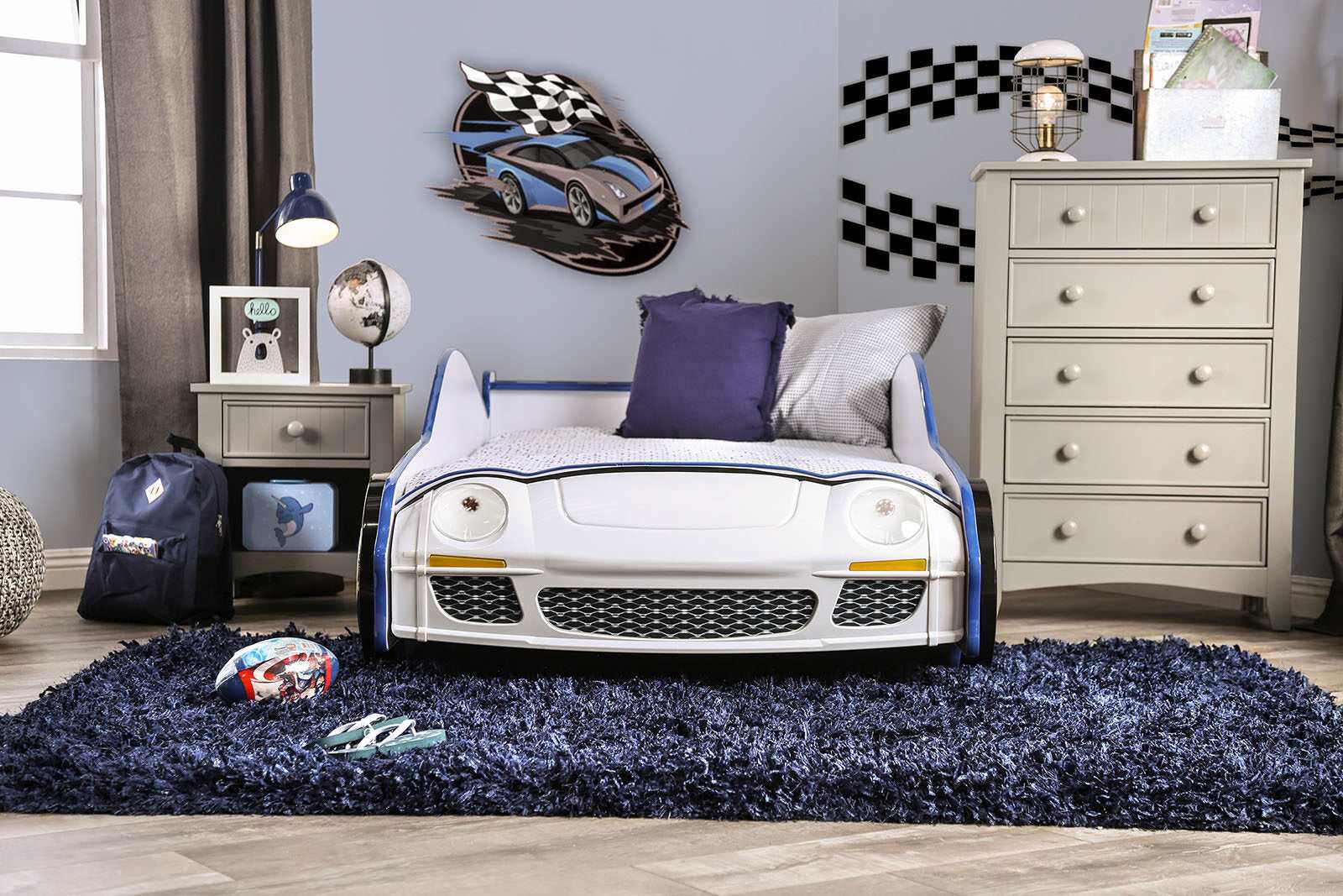 Poe Blue & White Twin Car Bed - Image 2