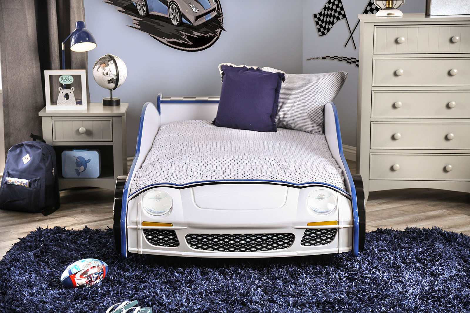 Poe Blue & White Twin Car Bed - Image 3
