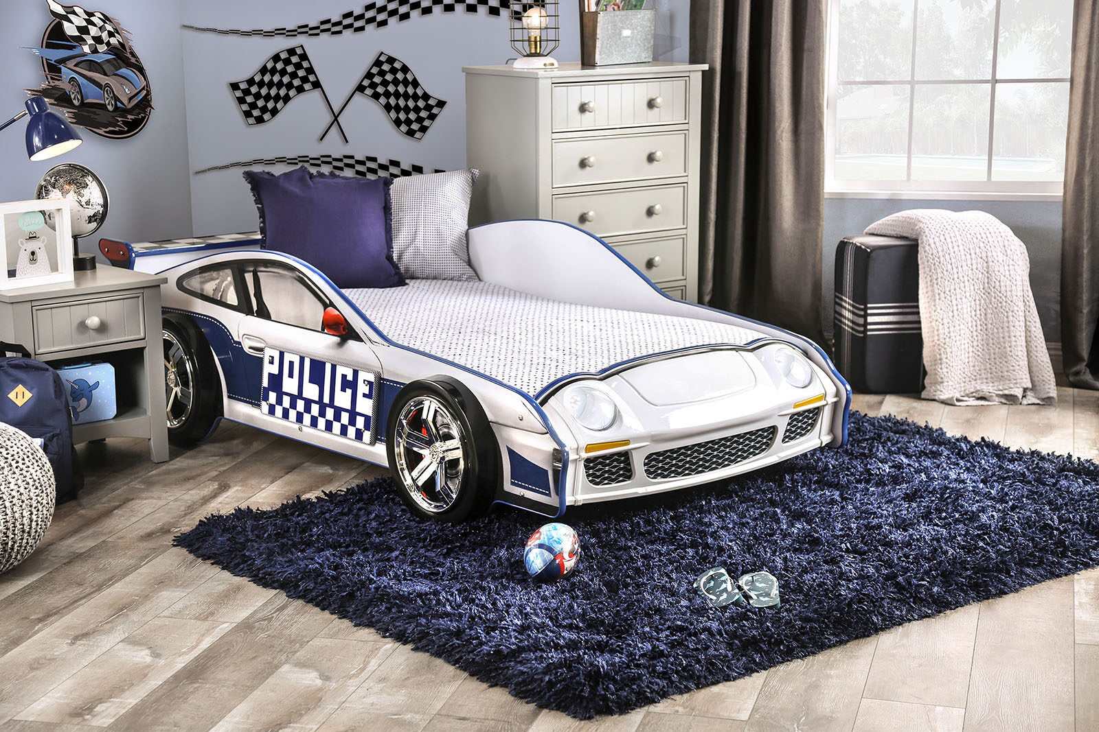 Poe Blue & White Twin Car Bed - Image 4