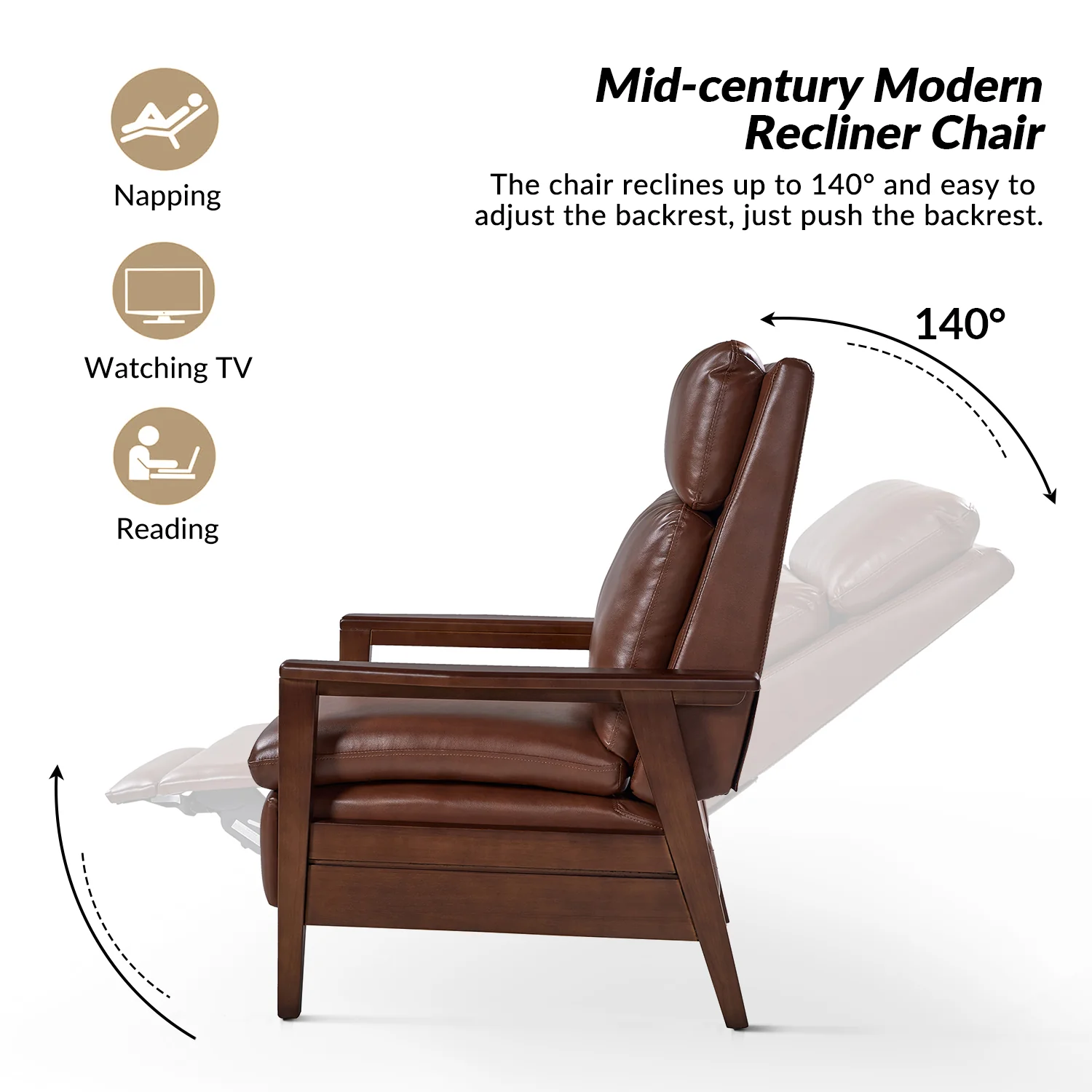 Patrick Vegan Leather Solid Wood Recliner in Brown - Image 3