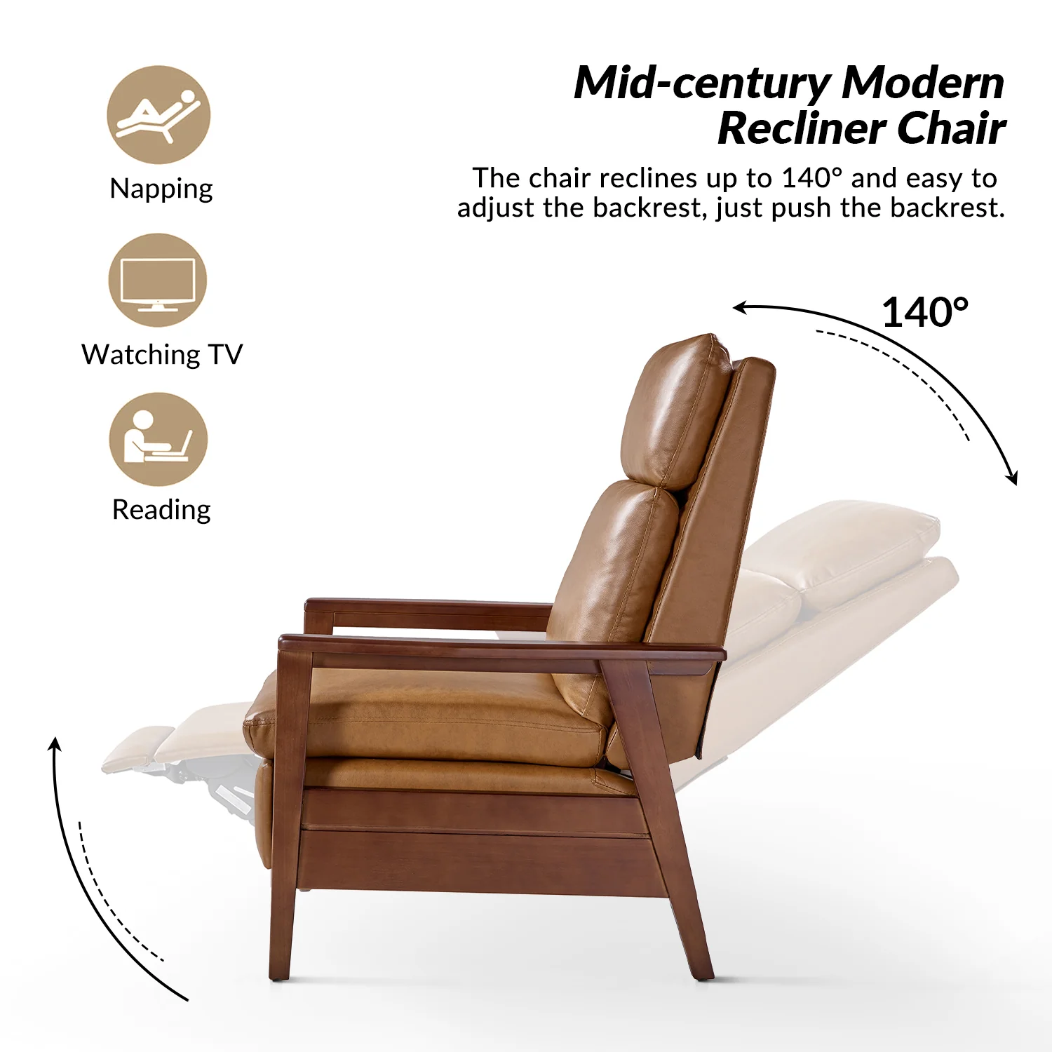 Patrick Vegan Leather Solid Wood Recliner in Camel - Image 3