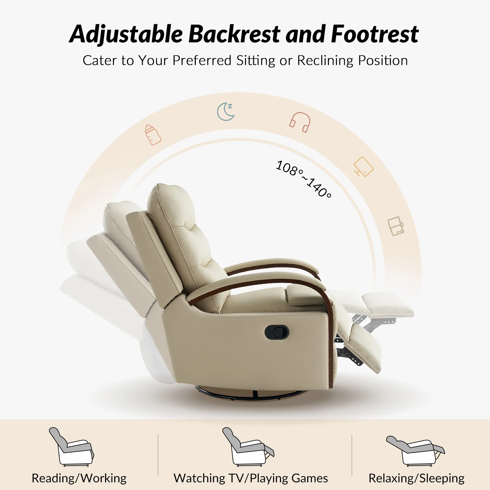 Konradin Genuine Leather Swivel Rocking Manual Recliner in Beige - Image 3