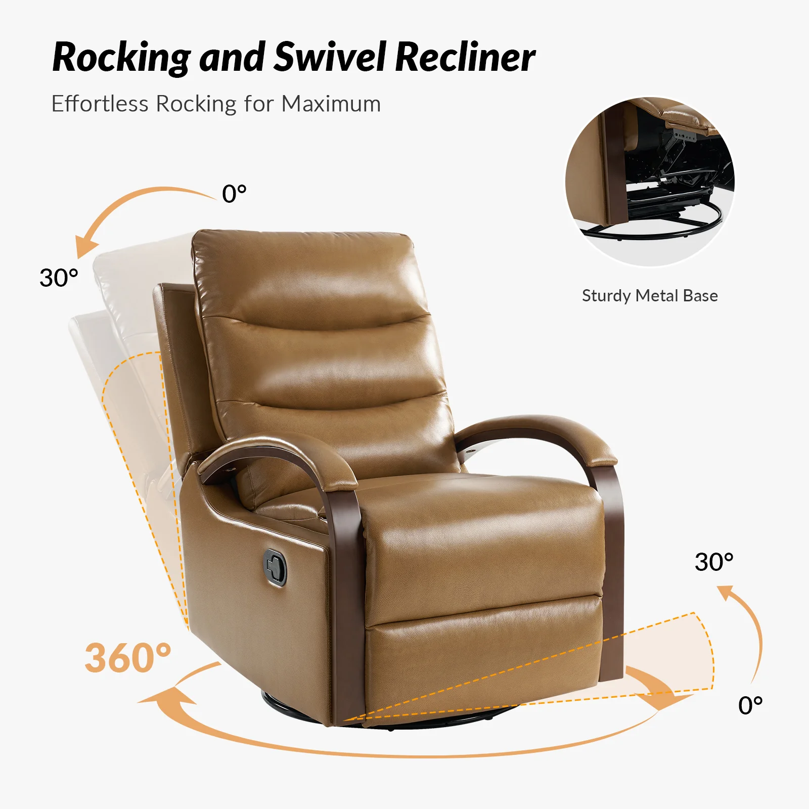 Konradin Genuine Leather Swivel Rocking Manual Recliner in Camel - Image 4