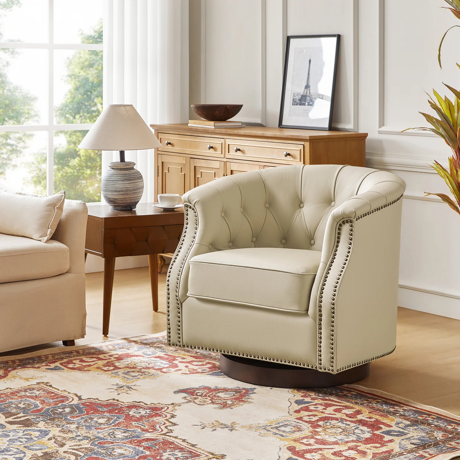 Veitin Chesterfield Rocker and Swivel Genuine Leather Chair in White