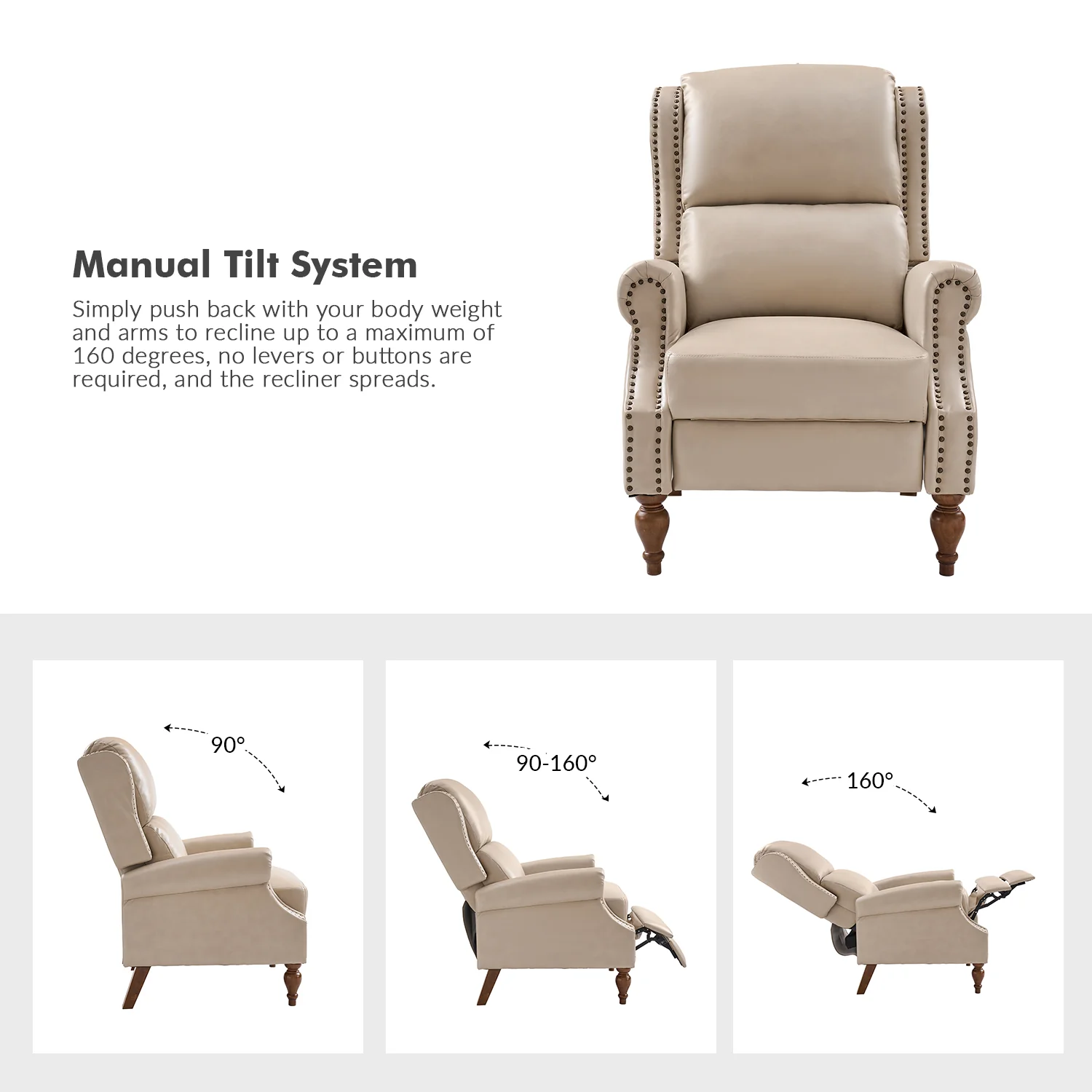 Rosalie Vegan Leather Manual Recliner in Beige - Image 3