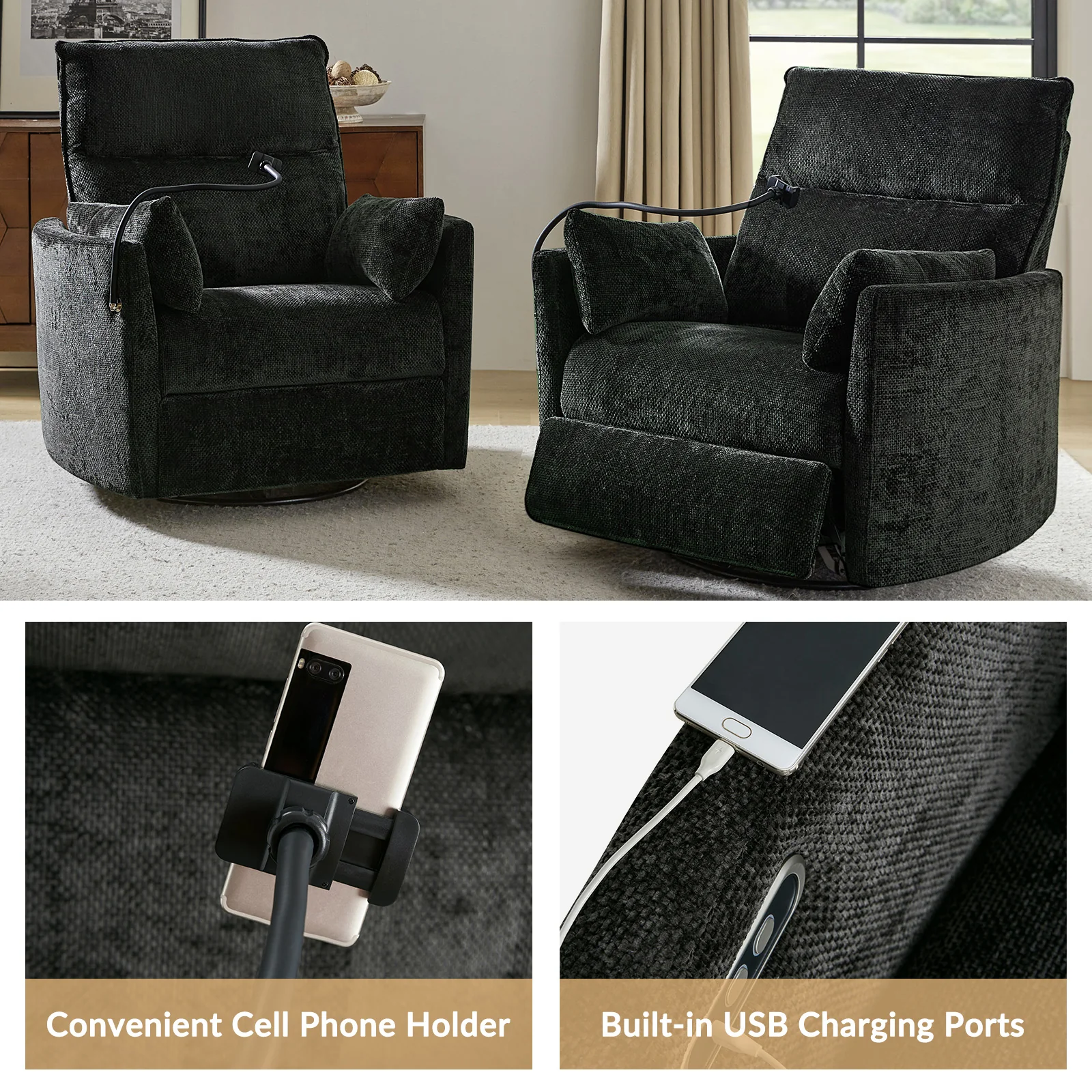 Archibald Power Rocking Swivel Nursery Recliner in Charcoal - Image 4