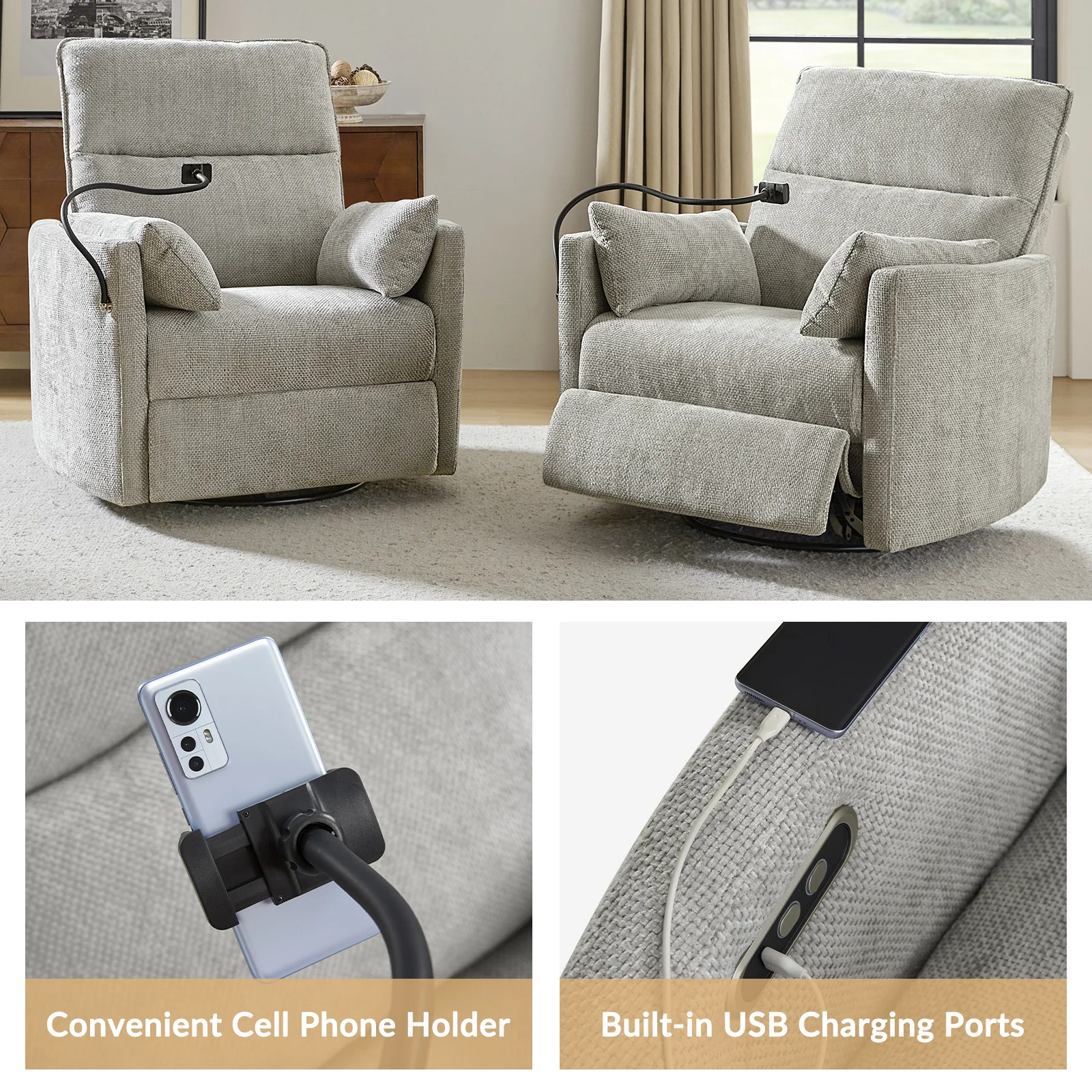 Archibald Power Rocking Swivel Nursery Recliner in Light Grey - Image 4