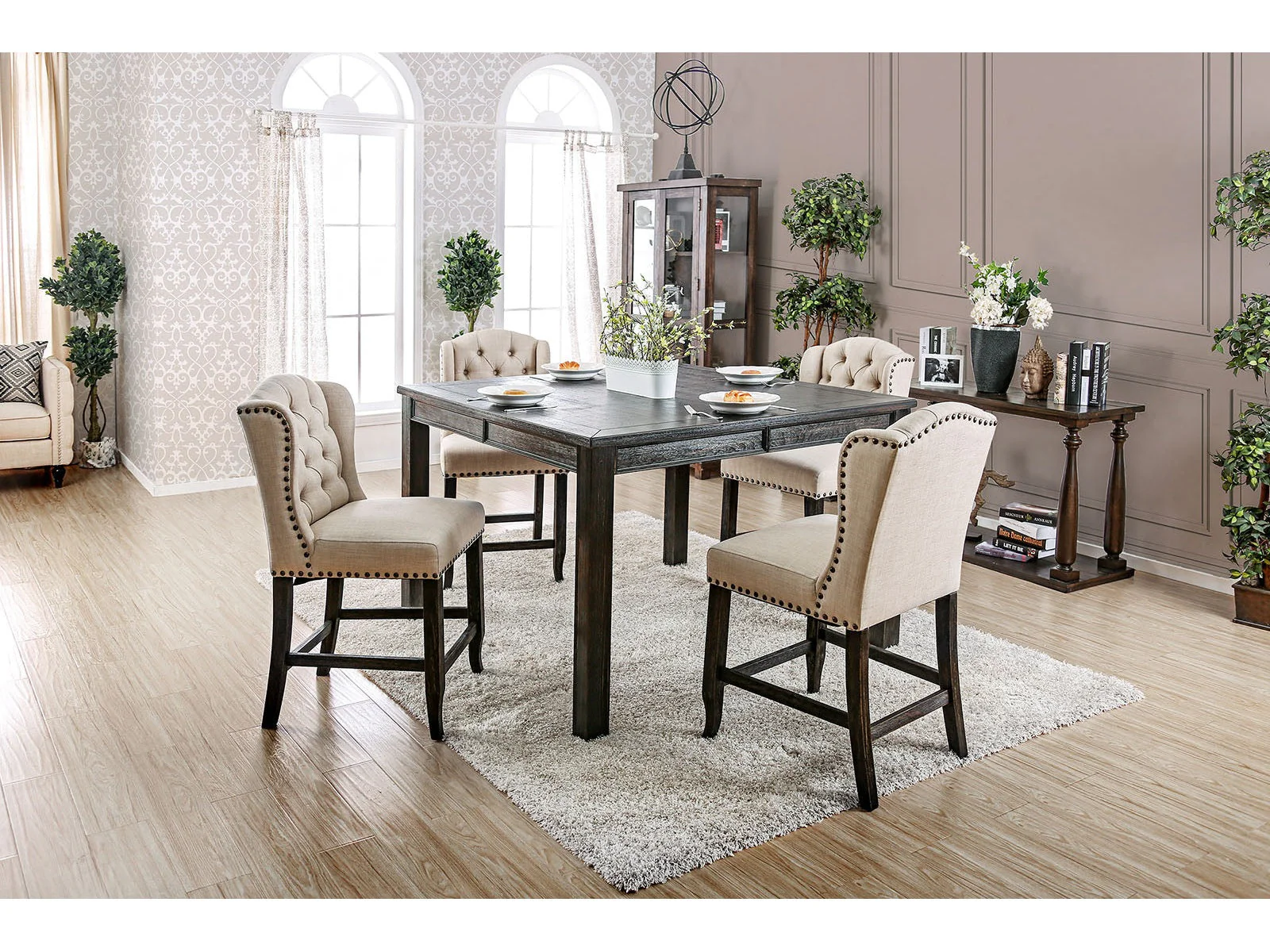 Sania Antique Black/Beige7 Pc. Sq Counter Height Table Set w/ Wingback Chairs
