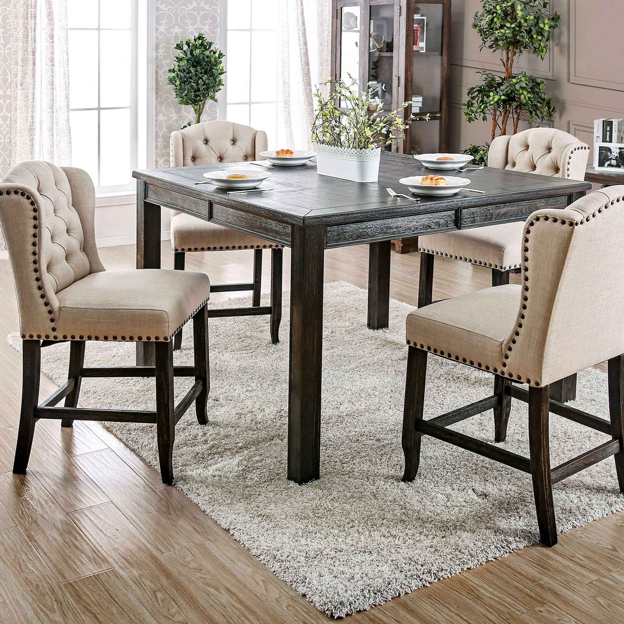Sania Antique Black/Beige7 Pc. Sq Counter Height Table Set w/ Wingback Chairs - Image 2