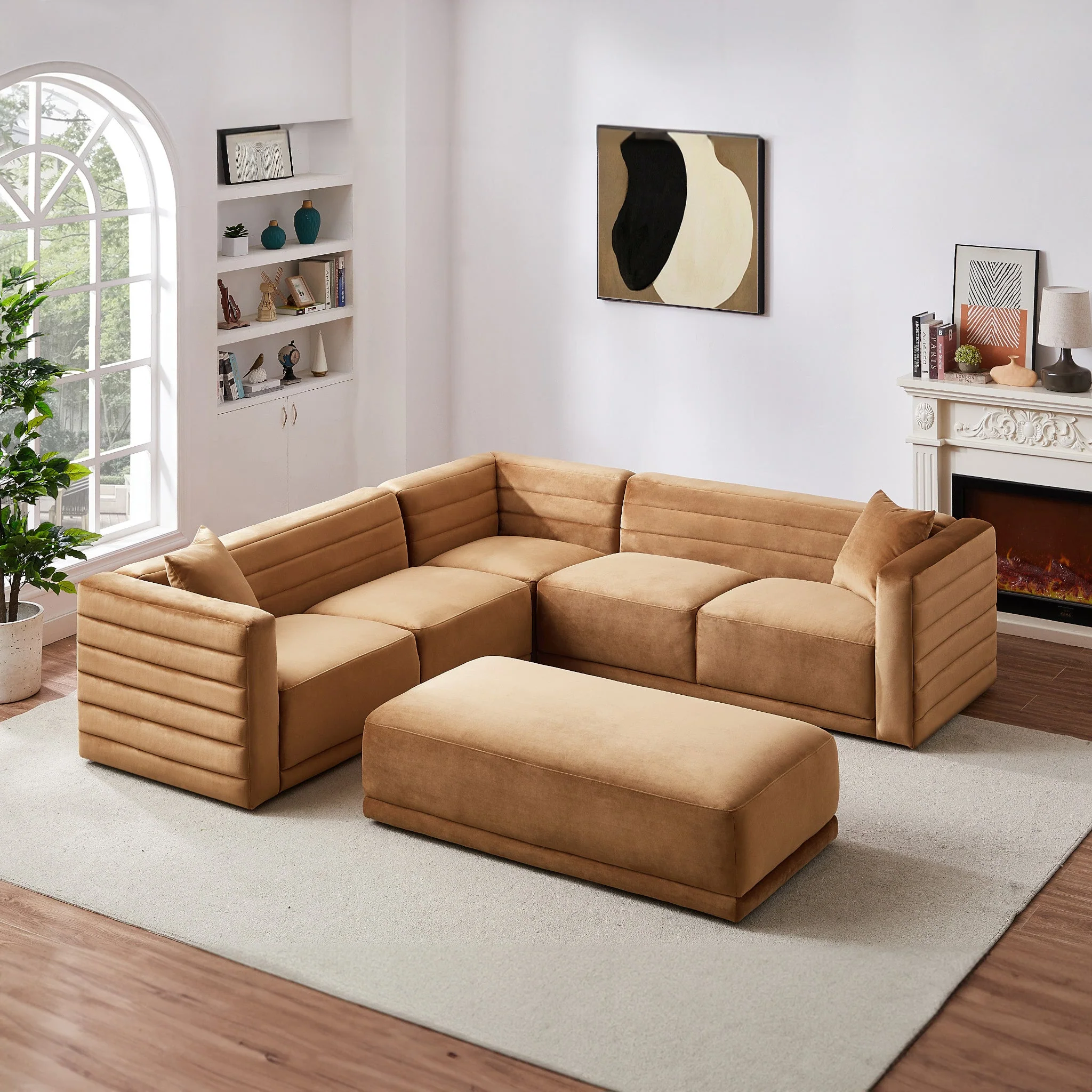 Solo Corner Sectional Sofa With Ottoman - Cognac Velvet - Image 2