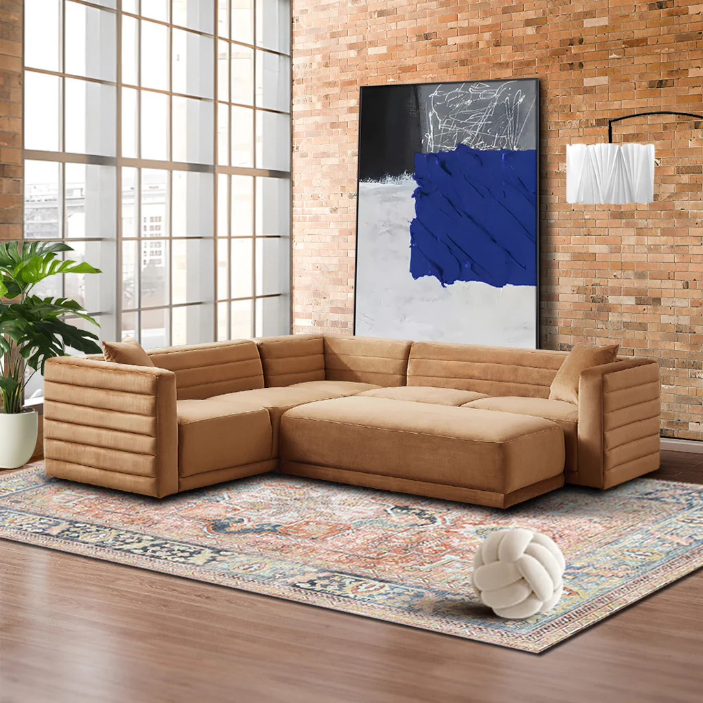 Solo Corner Sectional Sofa With Ottoman - Cognac Velvet - Image 3