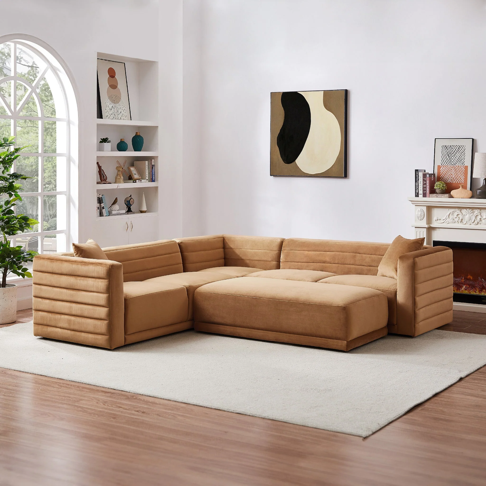 Solo Corner Sectional Sofa With Ottoman - Cognac Velvet - Image 4
