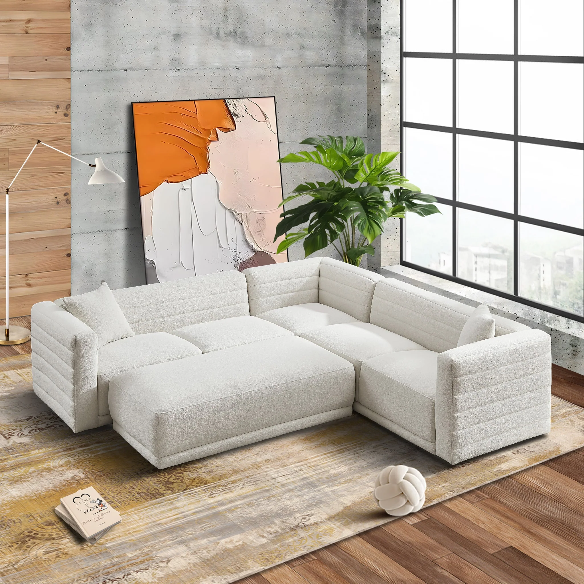 Solo Corner Sectional Sofa With Ottoman - Cream Boucle - Image 2