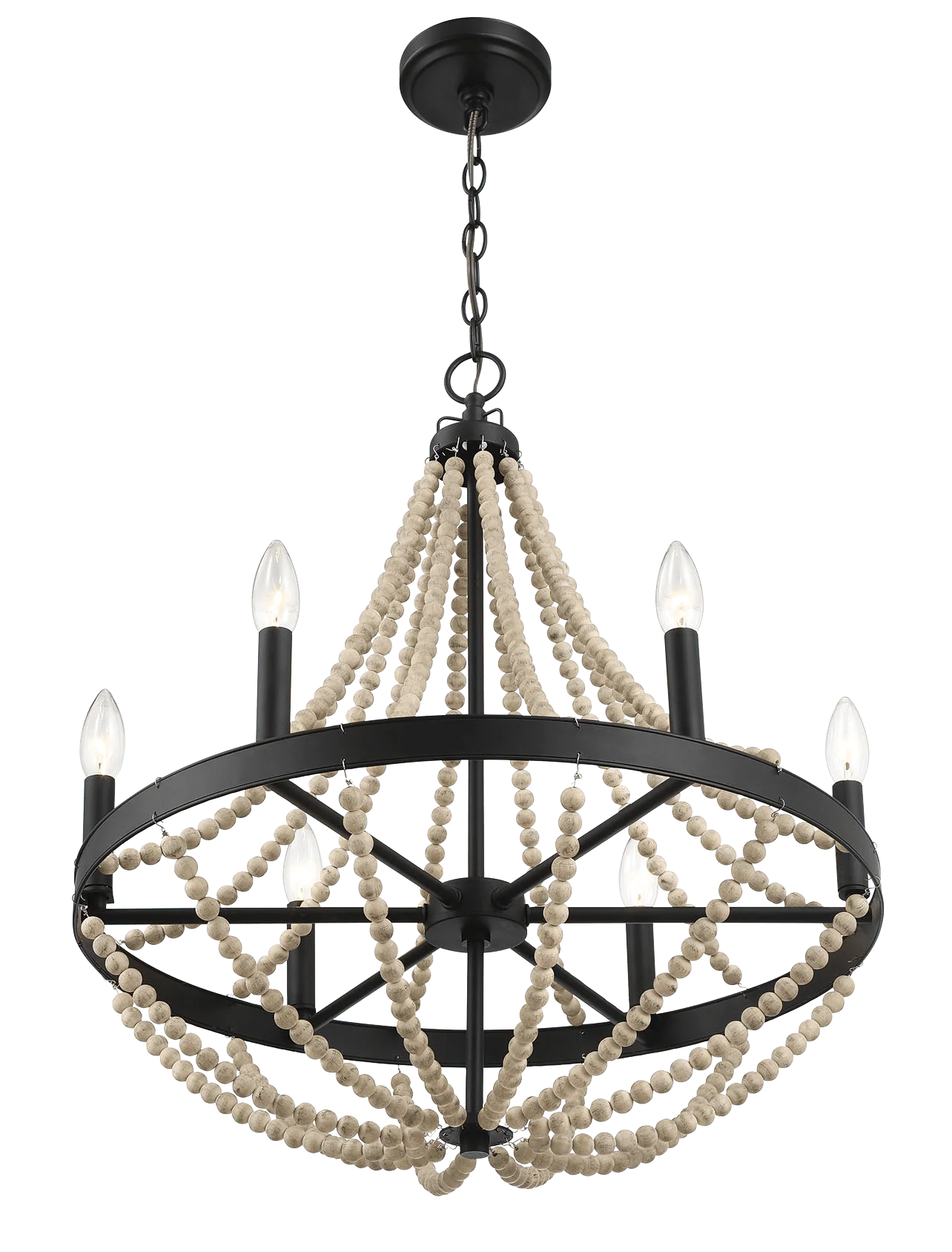 Starry Wood Chandelier Farmhouse Six Candle Light Wood Beaded Black Pendant Light for Dining Room - Image 4