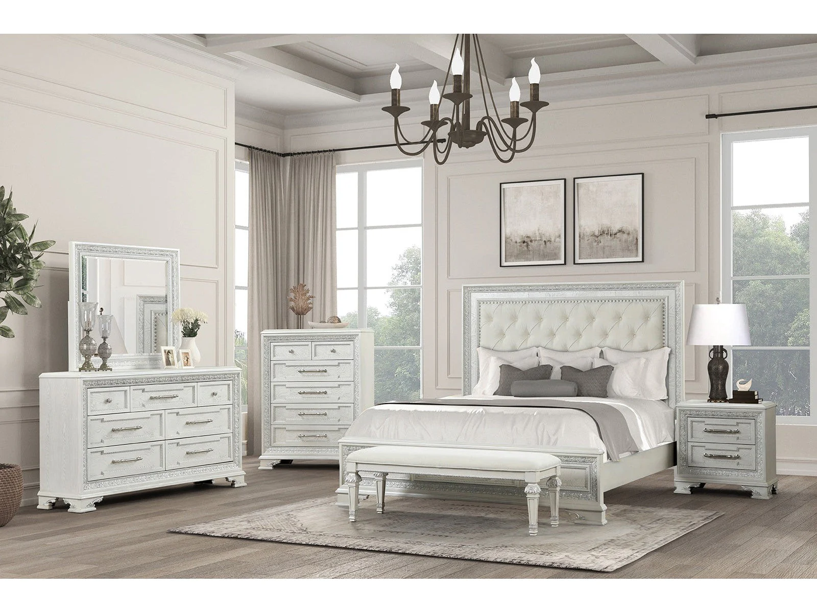 Stella Mia Creamy White Queen Full 5 Piece Bedroom Set w/2 Nightstands