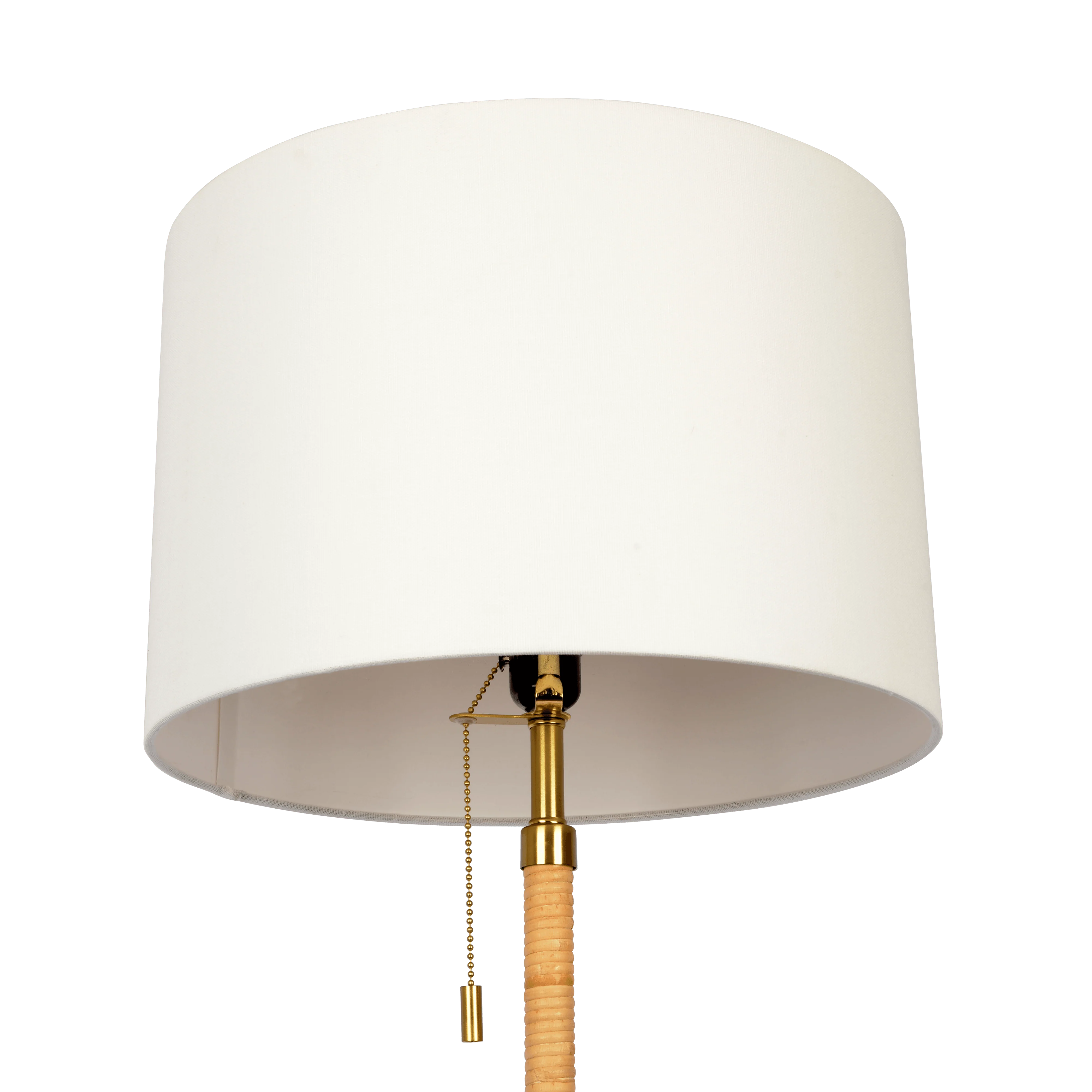 Stellar Wood Rattan Tube , Gold Brass Metal and White Linen Shade Floor Lamp - Image 4