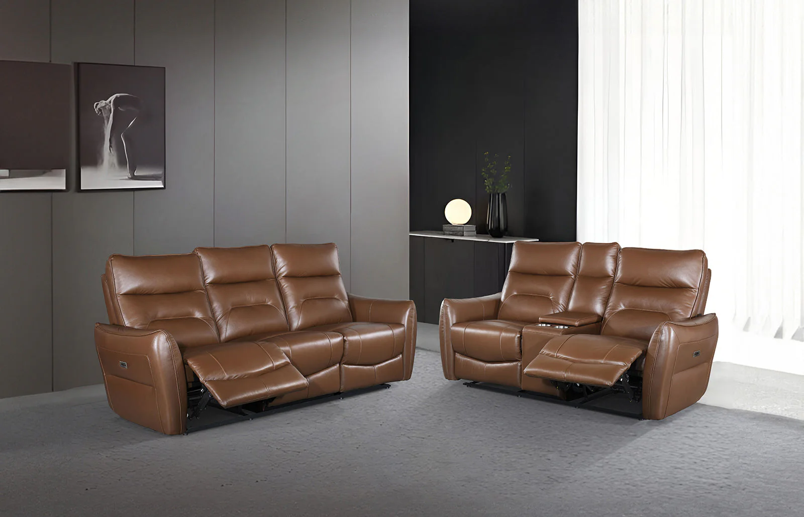 Terentius Caramel Brown Leather Match Reclining Loveseat - Image 4