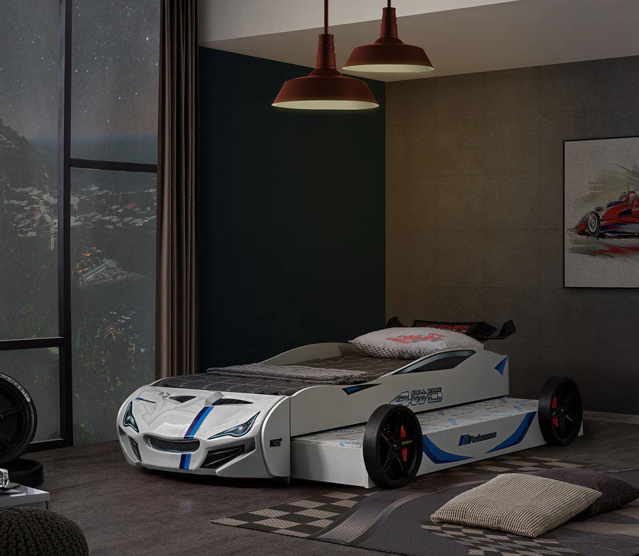 Tracklite White Car Bed w/ Trundle - Image 3