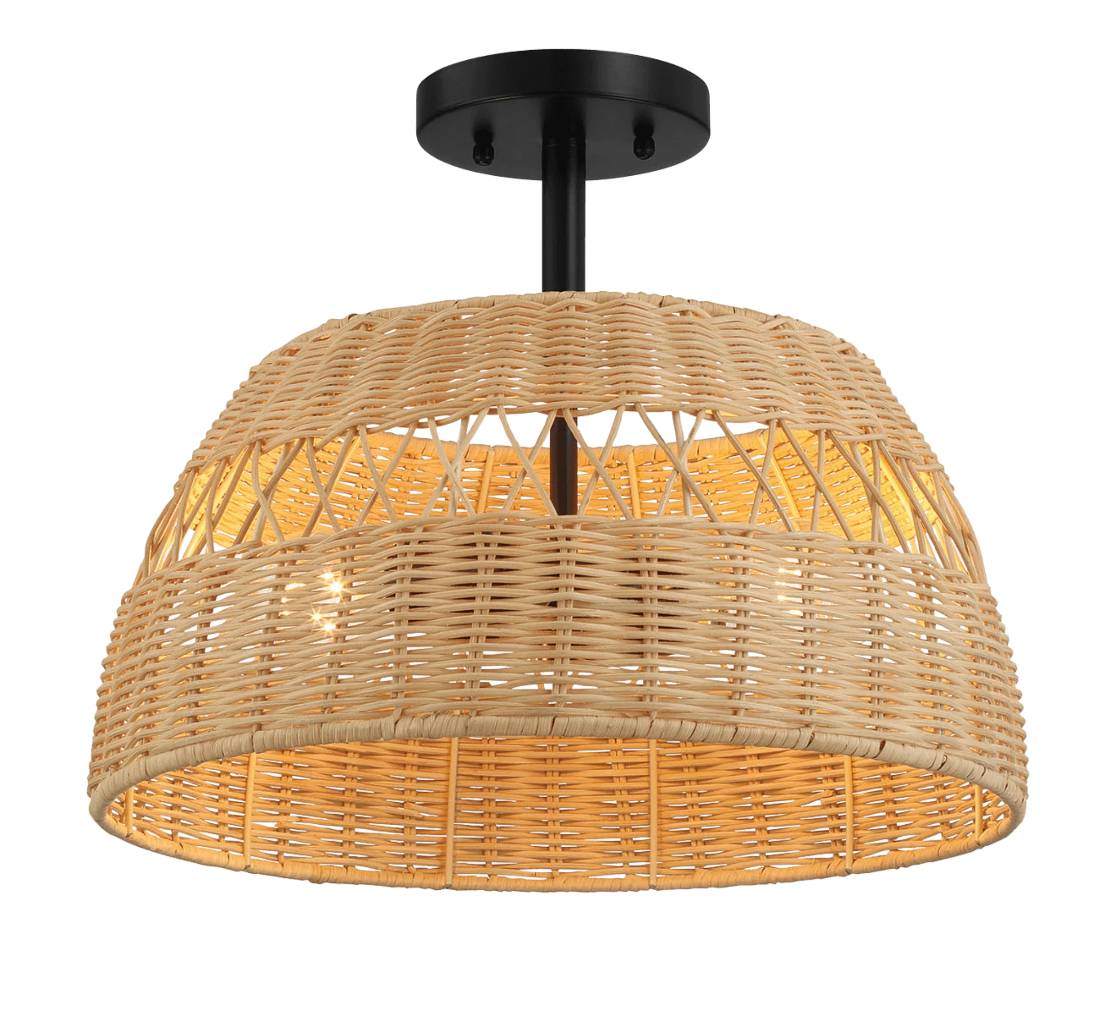 Twinkle Double Lights Semi Flush With Rattan Shade Black Metal Finish for Farmhouse Style - Image 2