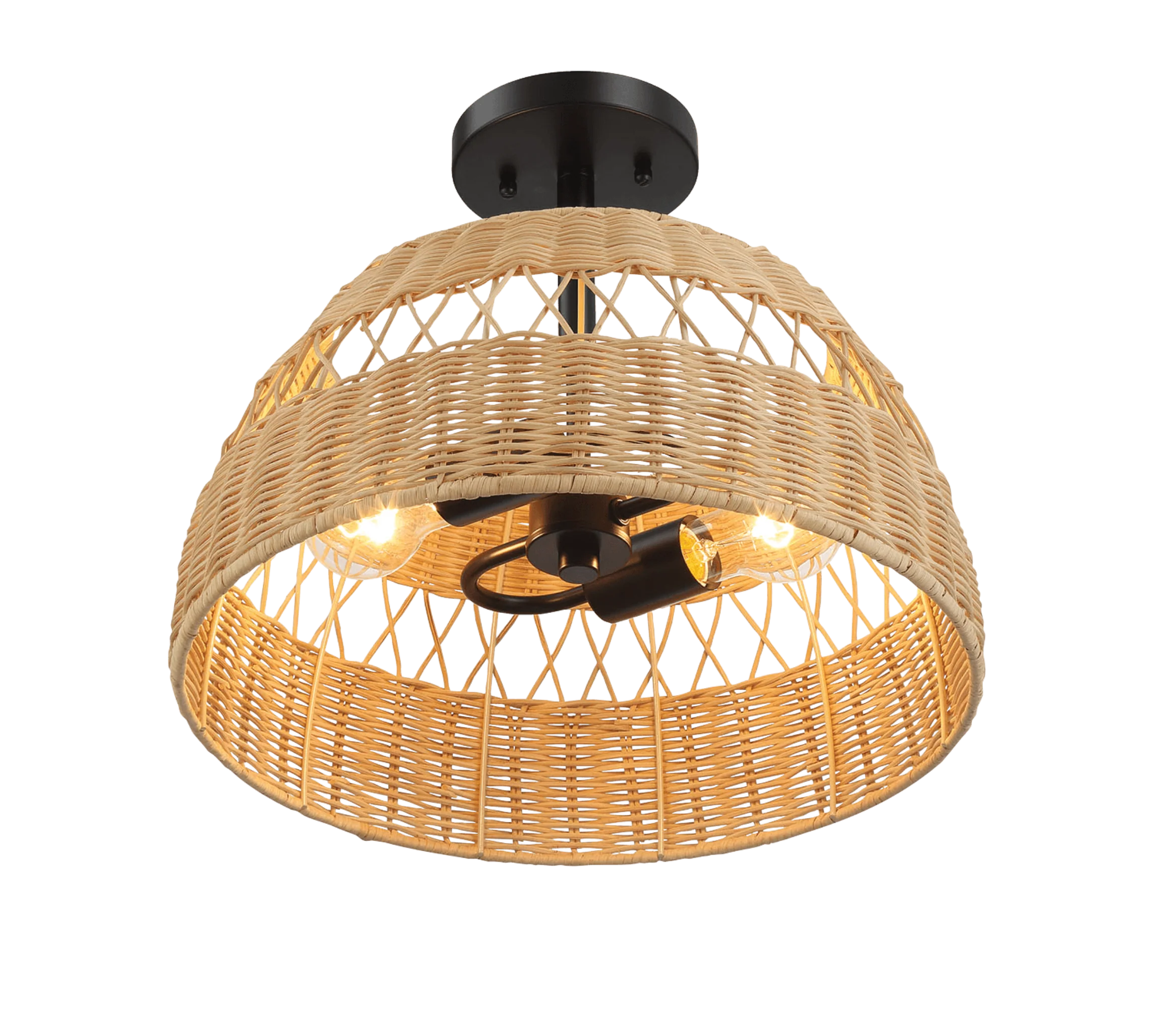 Twinkle Double Lights Semi Flush With Rattan Shade Black Metal Finish for Farmhouse Style - Image 4