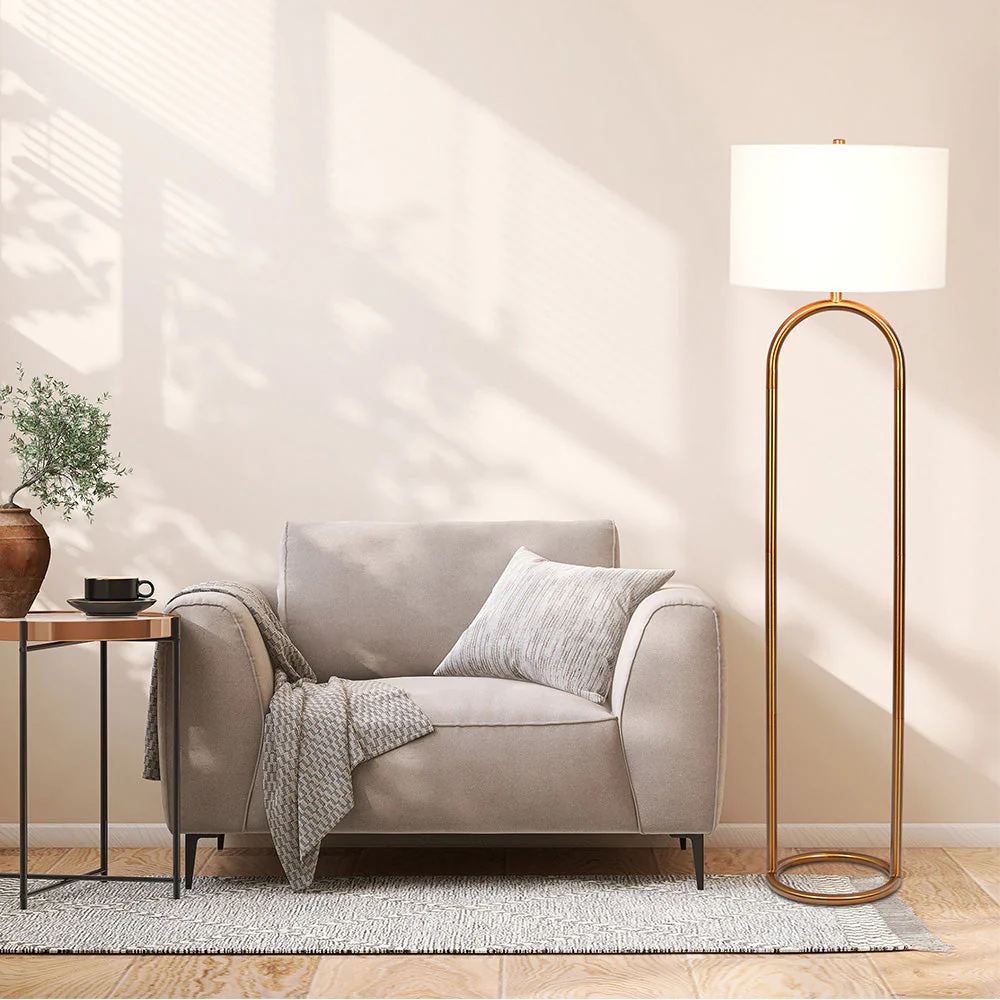 Vivid Brass Ring Base Floor Lamp with Large White Drum Shade - Image 2